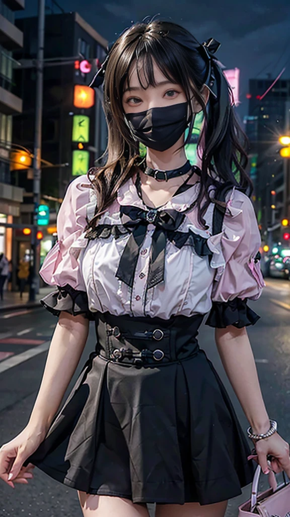 (8K、Top image quality、top-quality、masterpiece)、A detailed face、1 girl in、Dark hair、((twintails))、blunt bangs、short-hair、waved hair、Gray eyes、piercings、evil smile、smirk grin、mask_pull、Moderately breasts、((pink clothing))、frilld、a black ribbon、Black miniskirt、frilld、jirai kei attire、cowboy shot、Downtown background at night