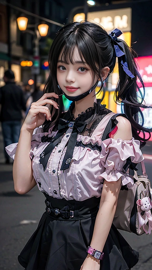 (8K、Top image quality、top-quality、masterpiece)、A detailed face、1 girl in、Dark hair、((twintails))、blunt bangs、short-hair、waved hair、Gray eyes、piercings、evil smile、smirk grin、mask_pull、Moderately breasts、((pink clothing))、frilld、a black ribbon、Black miniskirt、frilld、jirai kei attire、cowboy shot、Downtown background at night