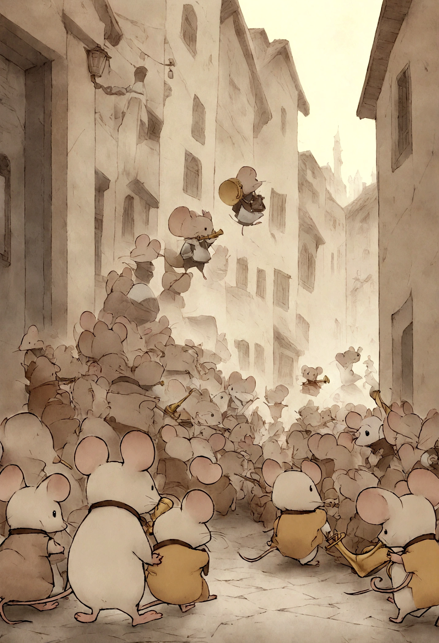 Cartoon mouse blowing the trumpet in front of a group of mice leading the procession, rat tribe,, MapleStory Mouse, Anthropomorphic mouse,, Anthropomorphic mouse, Storybook illustration,