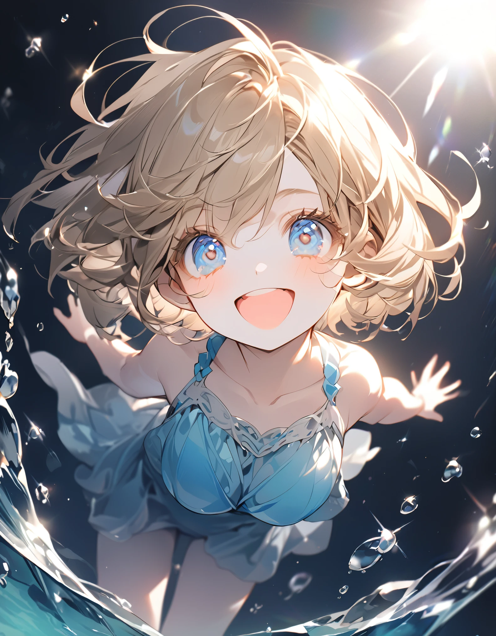A cute girl in a swimsuit(original bikini swimsuit)(Small body) (Little Girl:1.5), (blonde:1.5)(eyelash:1.2)(eye shadow:1.3) (Blue eyes:1.5), (Beautiful fine details:1.4) (Short Bob Hair:1.4), (Blue eyes)(Big Breasts:1.3) (White skin:1.2)Height: 130cm, original character, Fantasy, View Viewer Art: (A girl with beautiful deep eyes. The depth of field in the photo is perfect、Lens flares create a nice atmosphere. The details of her face really stand out, This photo definitely gets a 10 or more.. background, There is a beautiful sea with crystal clear water and water droplets floating on the surface. Laughing happily