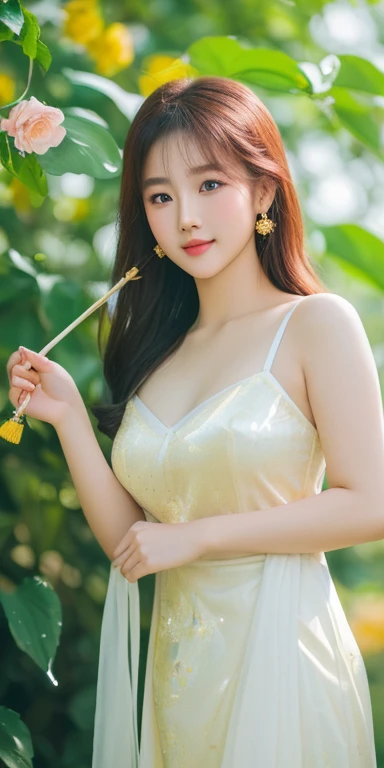 ((lifelike:1.2)), ((masterpiece:1.2)), ((Highest quality image)), ((not NSFW)), ((8K)), CG, HD, ((high solution và tương phản)), ((Super nice graphics)), ((professional)), ((màu sắc detail và rực rỡ)), ((Super smooth image)), ((Advanced photography techniques)), ((RAW thật)), ((Kết cấu ảnh perfect));
((very beautiful girl, asian mixed idol model));
((Girl wearing a silk dress rents flowers, Leaves, birds, colourful));
((close-up photo 1/2 girl bodies));
glossy pink lips, phấn mắt hồng, eyelash, blush, mỹ phẩm, aa bright white, lỗ chân lông detail, da stretch the ball, da stretch the ball; bàn tay perfect, spotless; ivory white skin, ruddy, stretch the ball, shiny;
golden red hair, smooth, floating in the sunlight, detail;
blue eyes, charming, ((trang điểm high solution)), true, ((damp)), detail, phấn mắt hồng;
two delicate eyelids, đẹp perfect, detail, eyelash đen;
Arched eyebrows, dear, high solution, detail;
khuôn mặt xinh đẹp và perfect, holiness, light makeup, cân đối perfect, đẹp đến từng detail, ((shiny)), mỹ phẩm;
Beautiful nose, lovely, cao, detail;
blush, prominent cheekbones, detail;
đôi môi charming, glossy pink lips;
Bright smile, pure white teeth, detail;
beautiful hands, perfect, ((error-free)), no disability;
cơ thể siêu perfect, full of life;
big and plump breasts, Raised nipples, Deep chest slit, toning, detail, tight bra;
mông nở nang, shiny, tight underwear;
sunlight ((lấp Leavesnh)), ((illuminate the girl's body));
Complex lighting, yellow-black rays, ((Face lighting));