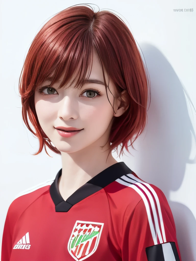 (highest quality、8k、32k、masterpiece)、(Realistic)、(Realistic:1.2)、(High resolution)、Very detailed、Very beautiful face and eyes、1 girl、Round and small face、Tight waist、Delicate body、(close、highest quality、Attention to detail、Rich skin detail)、(highest quality、8k、Oil paints:1.2)、(Realistic、Realistic:1.37)、Bright colors、(((Red Hair)))、(((Upper Body Shot)))、(((short hair)))seems to be happy、(((White wall background)))、(((Happy expression)))、(((Soccer uniforms)))、(((桃色と黒Soccer uniforms)))、(((smile)))、(((Black and pink uniform)))