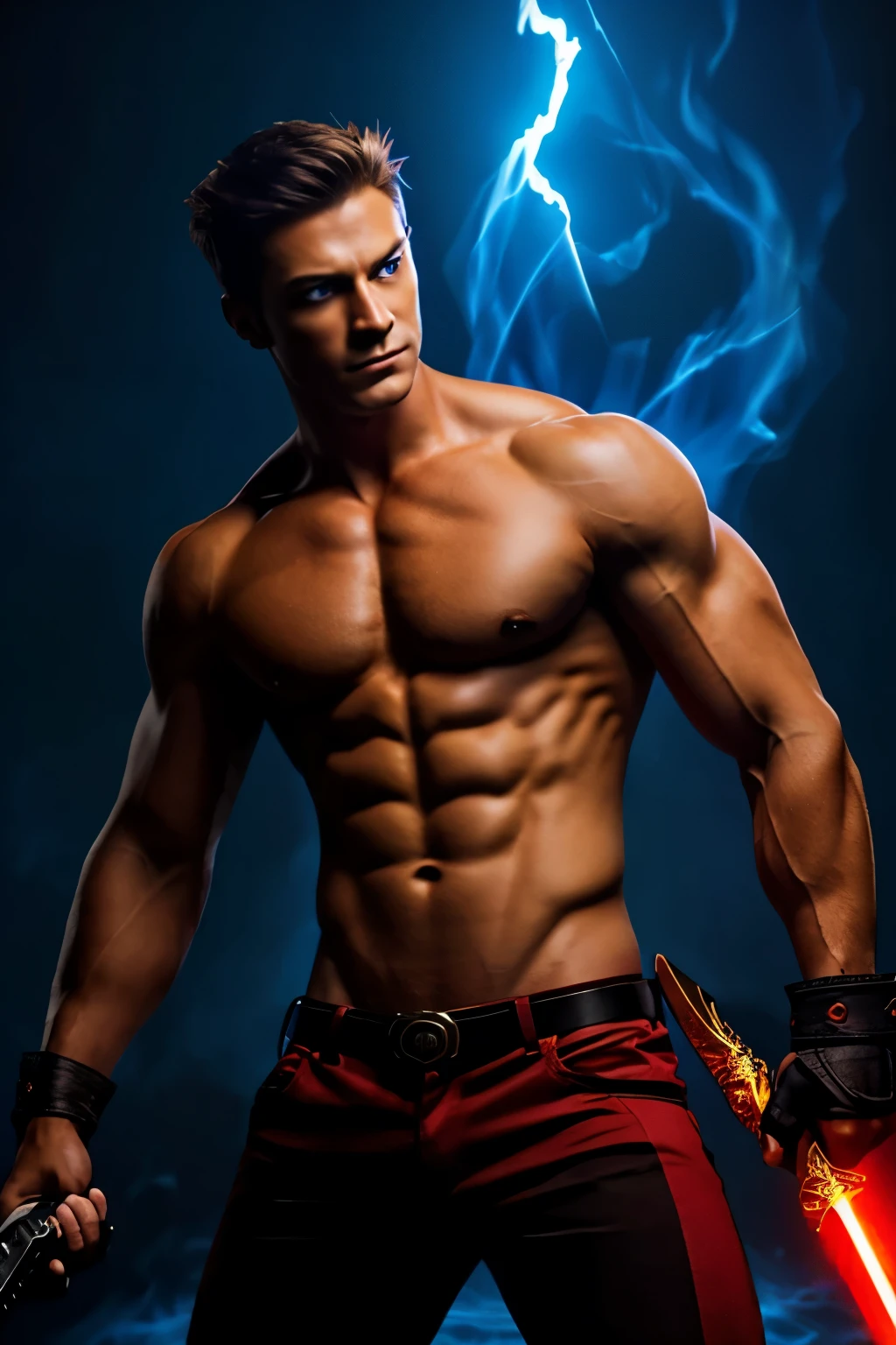 1male, shirtless, red and black pants, great sword, young adult, anthro, furry, fit, tiger, demon tiger,blue fire aura, glowing blue eyes, holding a revolver.