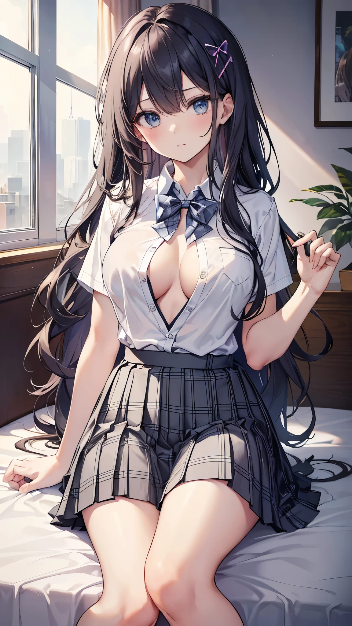 A woman in uniform is sitting on a bed One Girl、Changing clothes、Open shirt、Wearing a leopard print bra、 Leopard Print Lingerie、high school girl, (Long Hair:1.5), Hair fluttering, (Hime cut), bangs, Hair between the eyes, Big Breasts:0.8, Beautiful Hair, Beautiful Face, Beautiful fine details, Beautiful clavicle, Beautiful body, Beautiful breasts, Beautiful thighs, Beautiful feet, Beautiful fingers, (Beautiful views), ((Collared short-sleeved shirt, White shirt, , Grey plaid pleated skirt, Blue checked bow tie)), solo、For rest、High Resolution、Absurd