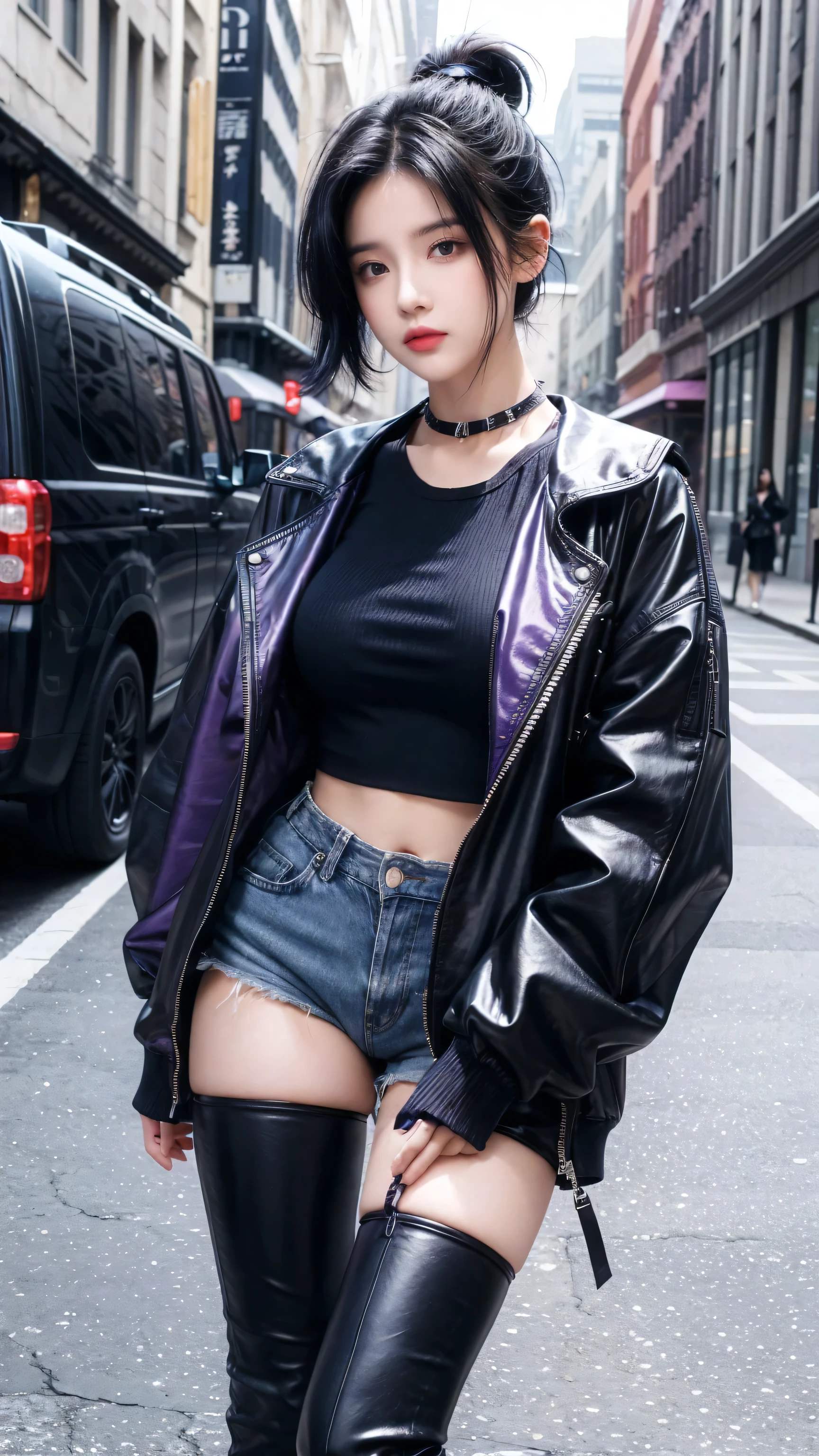 best quality, 1 Girl, dark blue hair, black eyes, Very short hair, Spiky hair, purple Crop Top Drape, purple jacket, high waist short,Wearing long black boots、171 cm, Messy hair, Hair between the eyes, Medium breasts, full, Tomboy, aldult, 20 years old, 1 Girl near purple motorcycle