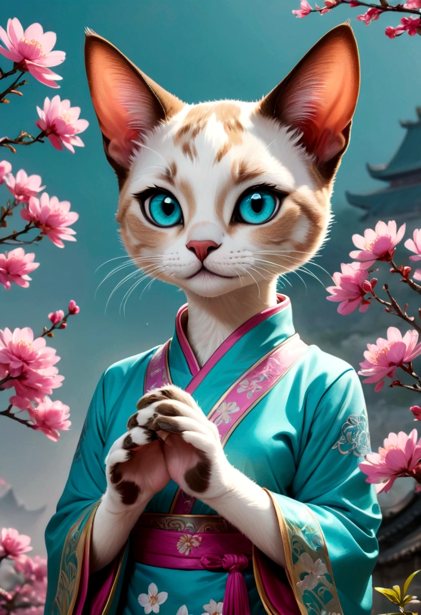 (Masterpiece),(highly accurate drawing in every detail),(extremely precise representation)(cinematic) ((half body portrait)), 3/4 portrait, ancient chinese mythology vibe, a stunning short haired oriental cat(with all cat specific bodyparts) dressed in turquoise magenta hanfu dress with huge hanfu flower headpiece holding a tiny bird in her paw , big eyes, (one visible paw), high quality linework,plain background,1 line drawing