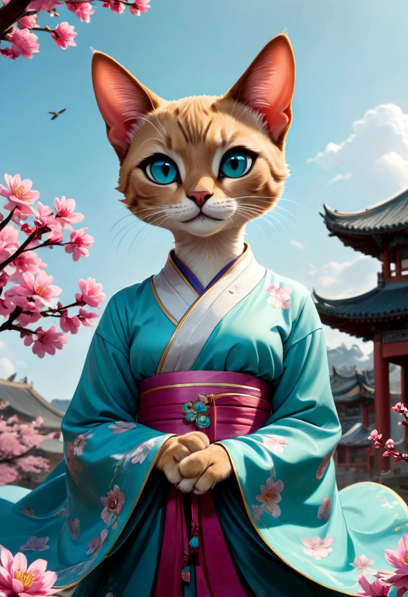 (Masterpiece),(highly accurate drawing in every detail),(extremely precise representation)(cinematic) ((half body portrait)), 3/4 portrait, ancient chinese mythology vibe, a stunning short haired oriental cat(with all cat specific bodyparts) dressed in turquoise magenta hanfu dress with huge hanfu flower headpiece holding a tiny bird in her paw , big eyes, (one visible paw), high quality linework,plain background,1 line drawing