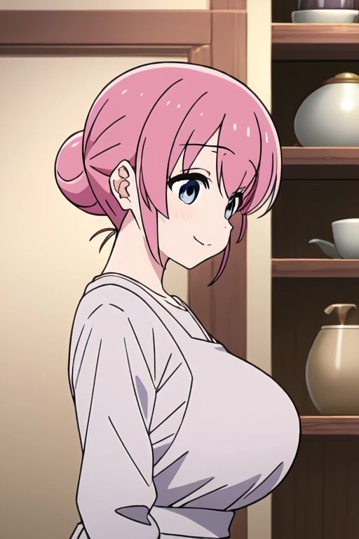 (Very detailedな CG Unity 8k 壁紙),(masterpiece),(highest quality),(Very detailed),(Best illustrations),(Best Shadow),(Absurd), Michiyo, One Girl, Pink Hair, blue eyes, alone, smile,, indoor,whole body, View Audience, Single Hair Band, bangs, Hair between the eyes, White blouse、White Bikini、apron, Bun Hair, Mouth closed, shelf、Huge breasts、From the side:0.7,