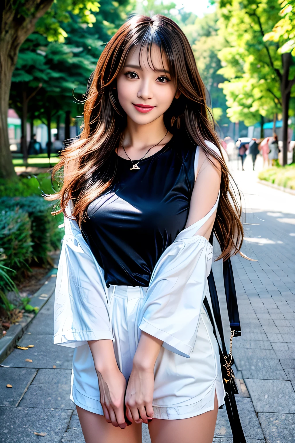 ((Full Body Angle))、((Front hair:1.2))、((highest quality, 8K, masterpiece: 1.3)), concentrated: 1.2, Cute girl 1,Nipples erect、 Perfect beauty: 1.4,Cut and sewn T-shirt Raglan sleeve summer short sleeve T-shirt.Shorts: 1.2,Long sleeve、Randall Color、comics＆Text Graphics、Black ruffle-trimmed drawstring zip blouse,1.1, Highly detailed face and skin textures, Fine grain, double eyelid, whitening skin, ,highest quality,Ultra-high resolution,you,1 girl,alone,_Shiny_skin,Iris,necklace,((Brown_length_Wavy_hair)),(lips)),eyelash,Front hair,deal with,compensate,Shiny,pore,skin,Large Breasts、smiling face、Walking in the park、walk、