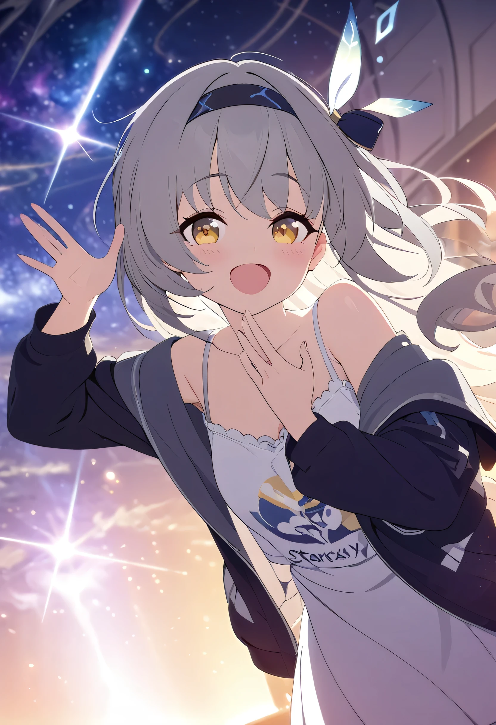 (masterpiece, best quality:1.2), (High resolution, Abstract:1.1), Super detailed, 1 Girl, Cute pose, camisole, Off-shoulder, Open your mouth, Smile, blush,fireflydef, jacket, dress, bow, hairband, hair ornament, grey hair,starsky,galaxy,