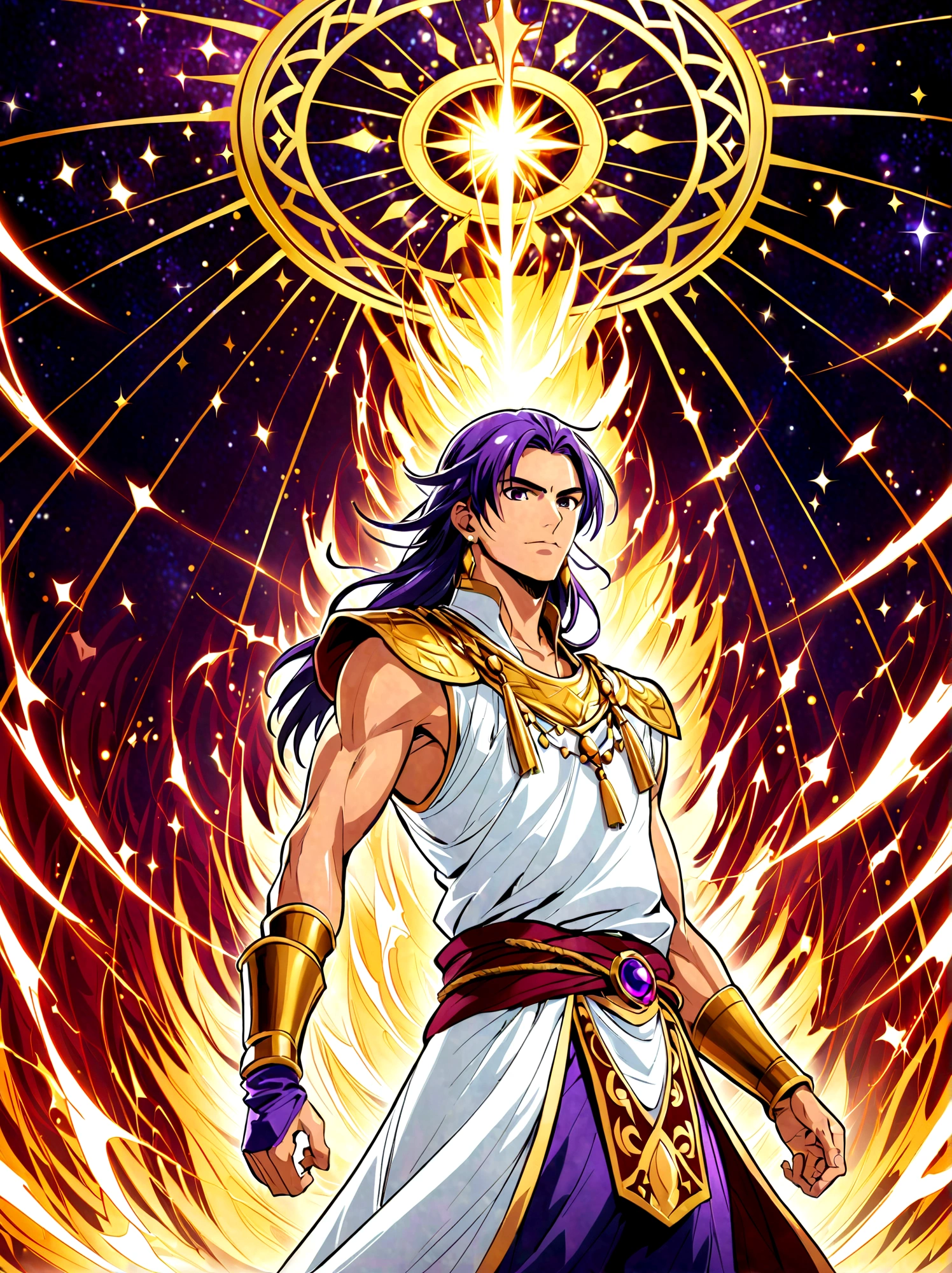 Japanese Manga "Magi: The Labyrinth of Magic", sinbad, magi, 1boy, solo, Male focus, Looking at the audience, Jewelry,Purple Hair,Brown eyes,Long hair,Deep eyes,Handsome appearance and heroic temperament, Gorgeous clothing, Wearing headdress and jewelry, Showing aristocratic majesty and elegance, He is tall and strong, Demonstrating his strong fighting ability and leadership style, Magic tools,Magic Battle,Lightning explosion,masterpiece,Best quality,high quality,whole body,Vision