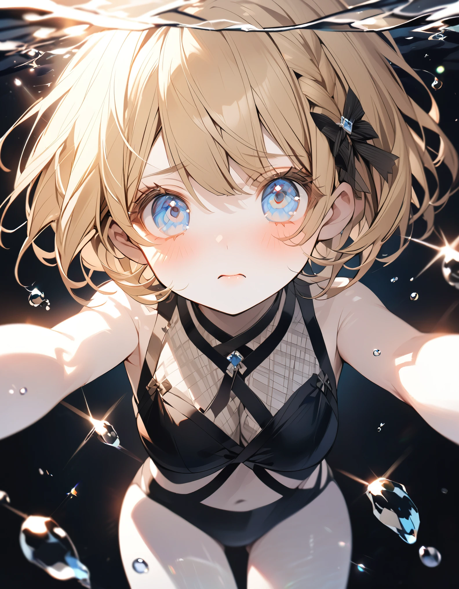 A cute girl in a swimsuit(original bikini swimsuit)(Small body) ( Girl:1.5), (blonde:1.5)(eyelash:1.2)(eye shadow:1.3) (Blue eyes:1.5), (Beautiful fine details:1.4) (Short Bob Hair:1.4), (Blue eyes)(Big Breasts:1.3) (White skin:1.2)Height: 130cm, original character, Fantasy, View Viewer Art: (A girl with beautiful deep eyes. The depth of field in the photo is perfect、Lens flares create a nice atmosphere. The details of her face really stand out, This photo definitely gets a 10 or more.. background, There is a beautiful sea with crystal clear water and water droplets floating on the surface. Embarrassed and panicked