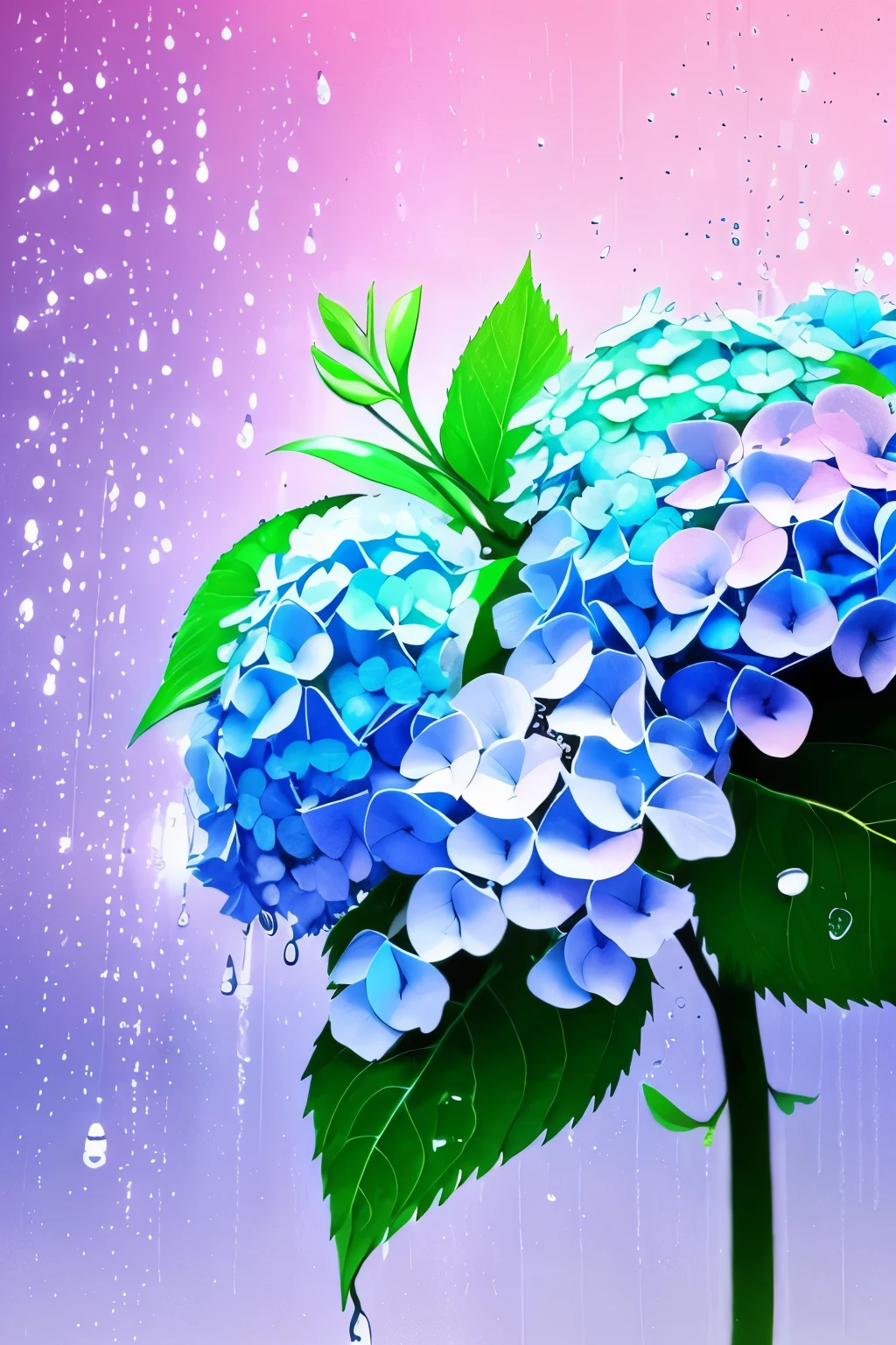 hydrangea,rain,luminous design, pastel colours, ink drips, summer lights