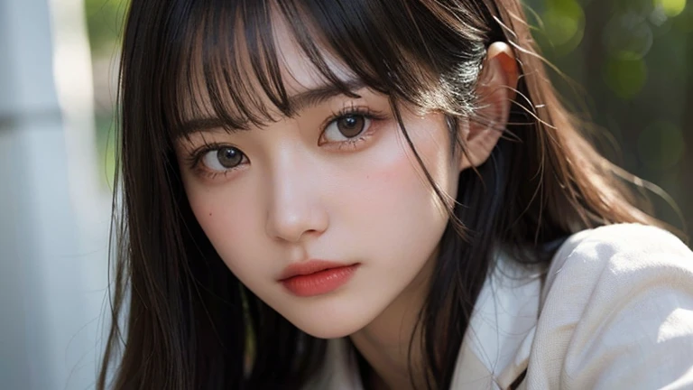 (Long Hair, bangs:1.2),(Wear a blazer:1.2),1 girl,Japanese,21 years old,(Small breasts:1.3),(highest quality,masterpiece:1.3,超A high resolution,),(Ultra-detailed,Caustics),(Photorealistic:1.4,RAW shooting,)Ultra-Realistic Capture,Very detailed,High resolution 16K human skin close-up。 Natural skin texture、,Pores、、It needs to be detailed enough to be easily identifiable。 Skin should be even-toned and healthy looking。 Use natural light and colour, Sad expression, Looking at the camera, Perfect dynamic composition, Outdoor