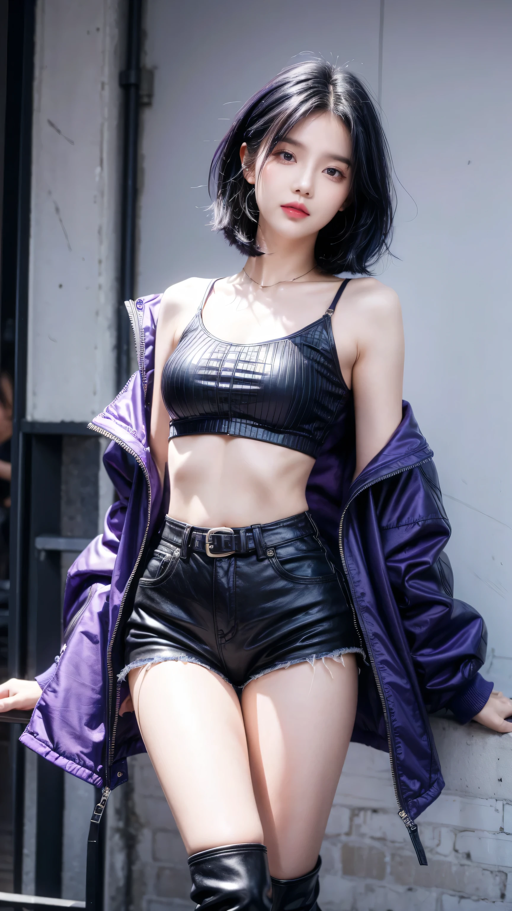 best quality, 1 Girl, dark blue hair, black eyes, Very short hair, Spiky hair, purple Crop Top Drape, purple jacket, high waist short,Wearing long black boots、171 cm, Messy hair, Hair between the eyes, Medium breasts, full, Tomboy, aldult, 20 years old, 1 Girl near purple motorcycle