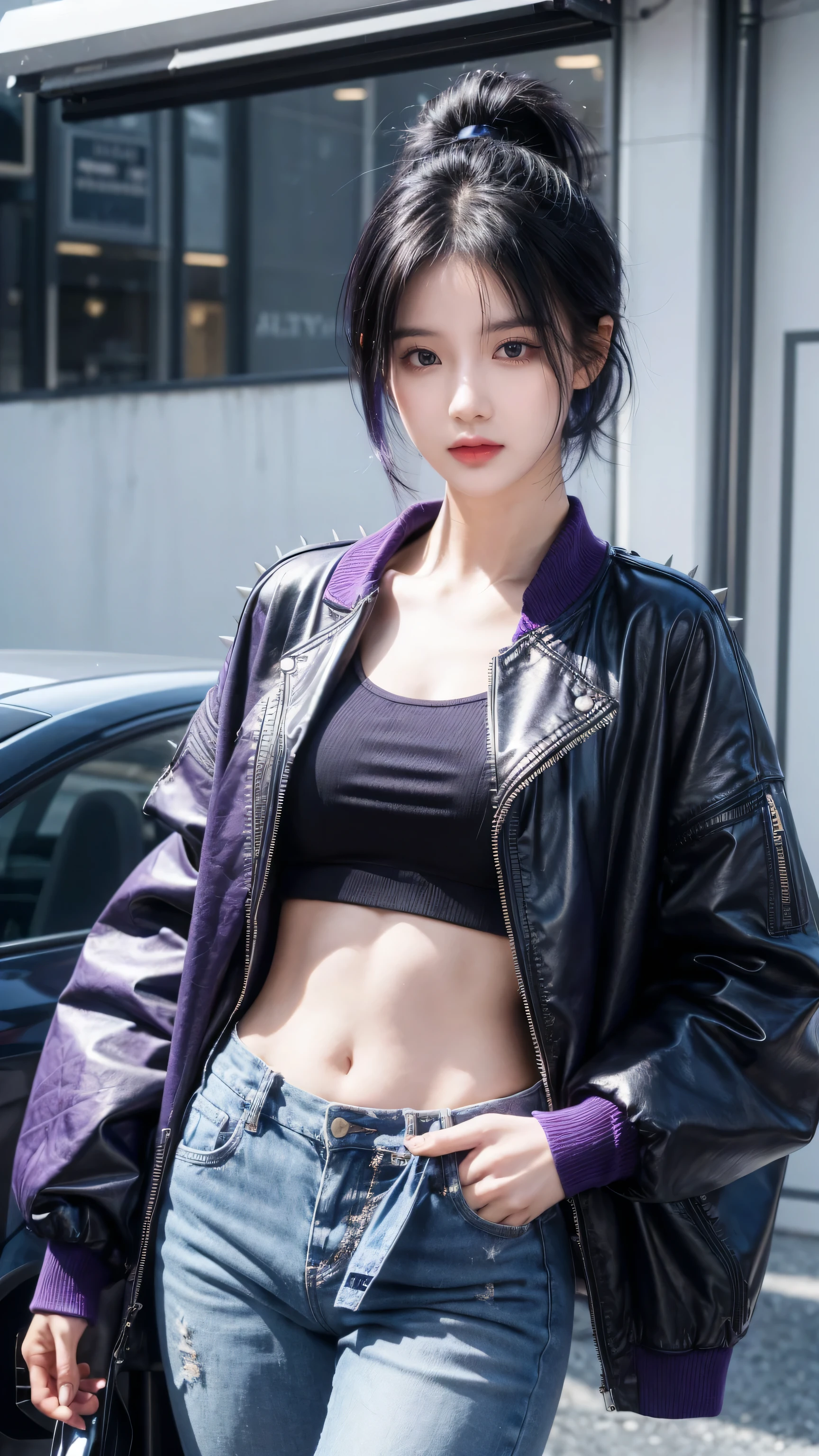 best quality, 1 Girl, dark blue hair, black eyes, Very short hair, Spiky hair, purple Crop Top Drape, purple jacket,  high waist short,Wearing long black boots、171 cm, Messy hair, Hair between the eyes, Medium breasts, full, Tomboy, aldult, 20 years old, 1 Girl near purple motorcycle