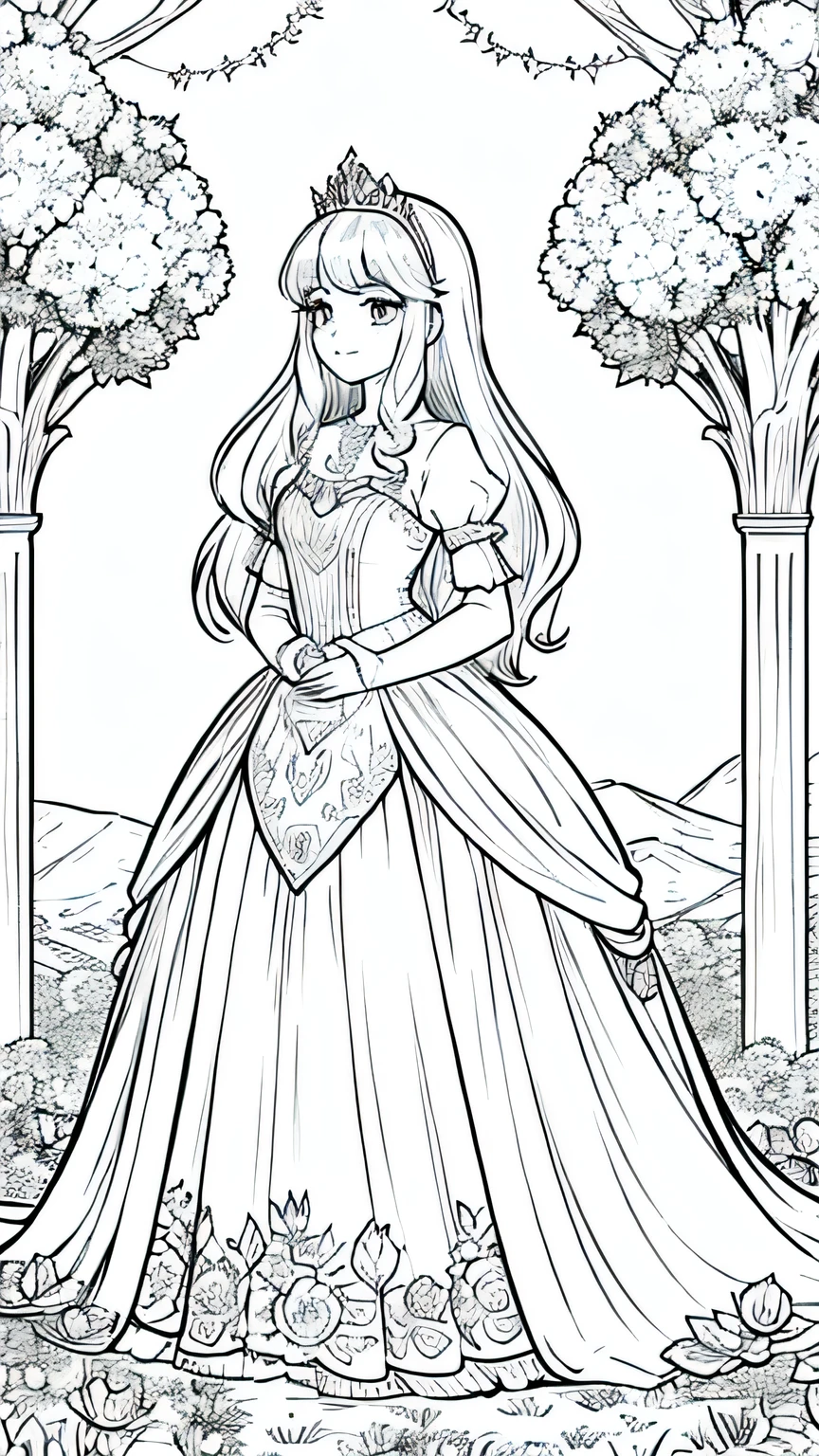 Create a black-and-white coloring page for children featuring a beautiful princess in a magical kingdom. The image should include the princess wearing a lovely gown and a crown, standing in front of her castle with a background of trees, flowers, and a shining sun. The princess should be smiling and surrounded by friendly animals like birds, butterflies, and a unicorn. The scene should be whimsical and enchanting, with clear outlines suitable for coloring.