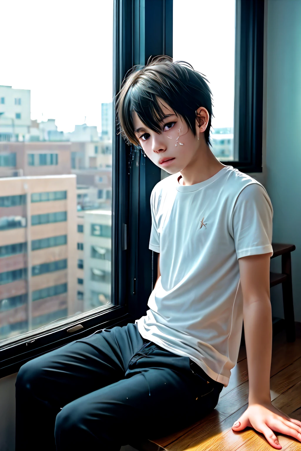a 18 year boy sitting on top of a window sill, an anime drawinG a boy with tears,cgsociety, sots art, anime aesthetic, anime, official art, dipression boy dark background
