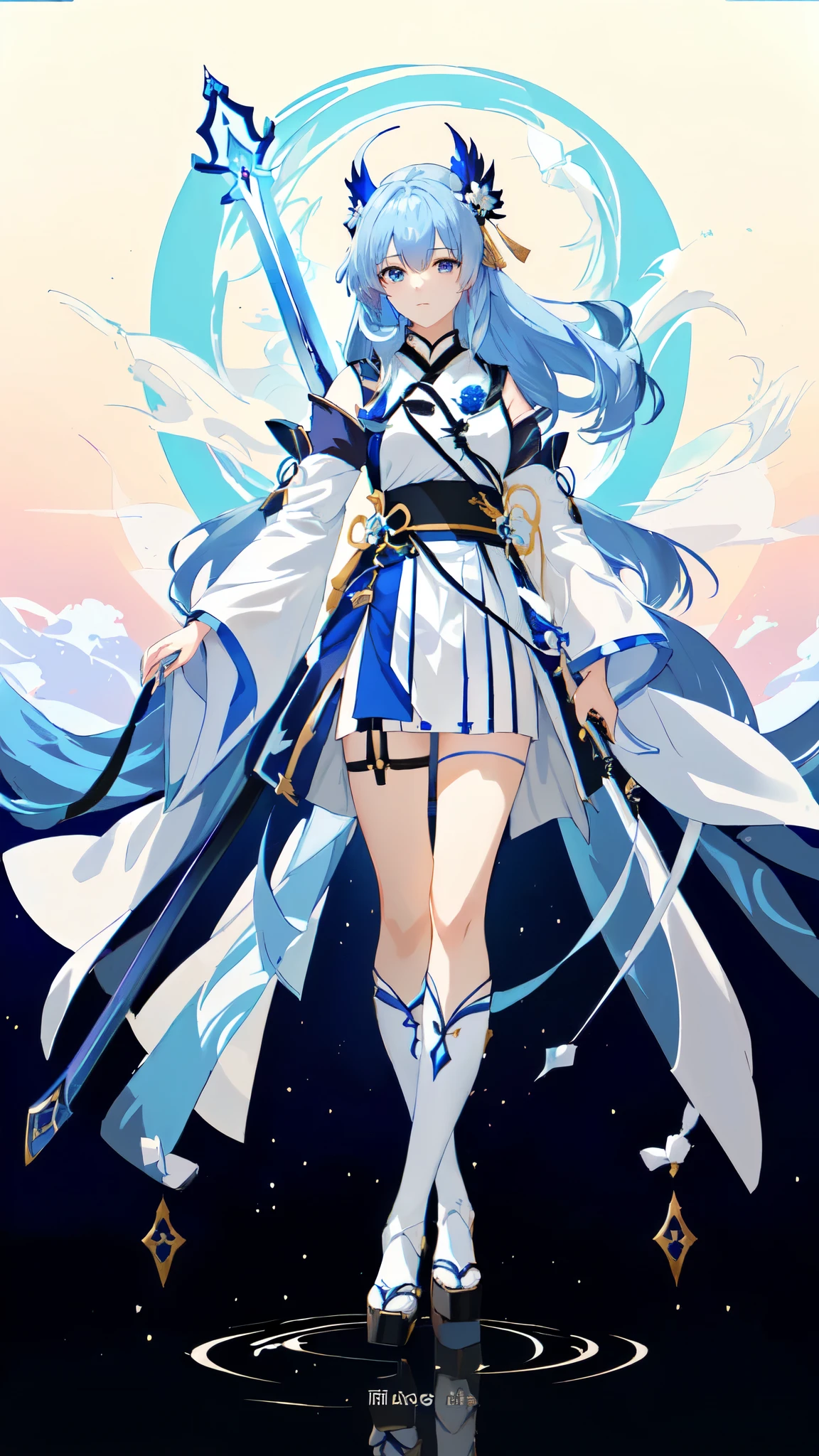 Anime character with blue hair and white dress holding a sword, Beautiful Sky Magician, Onmyoji, Anime fantasy illustration, From Arknights, Anime Goddess, pixiv Contest Winner, keqing from Genshin Impact impact, Cotton Cloud Mage Robe, Digital art on pixiv, pixiv style, Onmyoji detailed art, Alice x. open, Genshin Impact