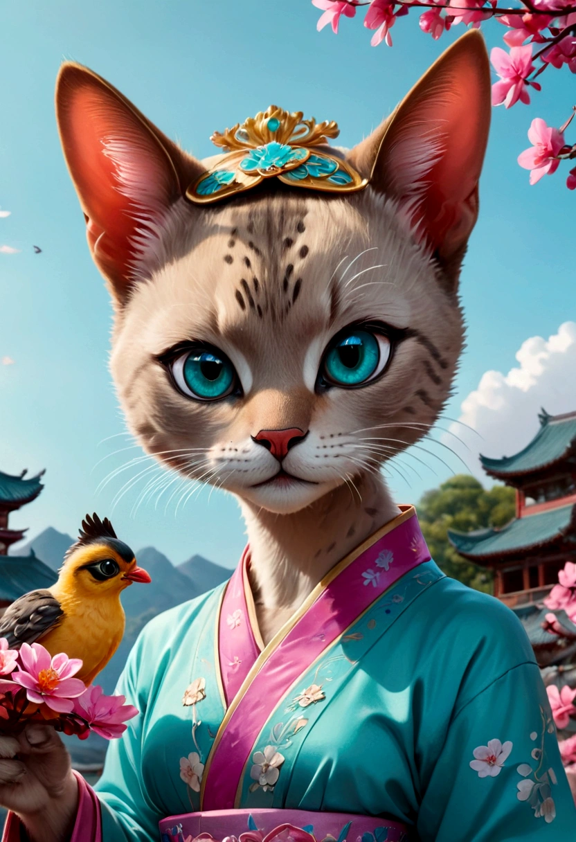 (Masterpiece),(highly accurate drawing in every detail),(extremely precise representation)(cinematic) ((half body portrait)), 3/4 portrait, ancient chinese mythology vibe, a stunning short haired oriental cat(with all cat specific bodyparts) dressed in turquoise magenta hanfu dress with huge hanfu flower headpiece holding a tiny bird in her paw , big eyes, (one visible paw), high quality linework,plain background,1 line drawing