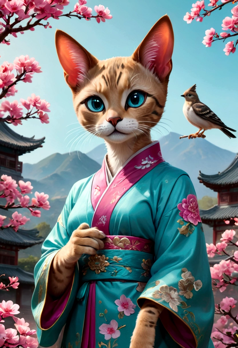 (Masterpiece),(highly accurate drawing in every detail),(extremely precise representation)(cinematic) ((half body portrait)), 3/4 portrait, ancient chinese mythology vibe, a stunning short haired oriental cat(with all cat specific bodyparts) dressed in turquoise magenta hanfu dress with huge hanfu flower headpiece holding a tiny bird in her paw , big eyes, (one visible paw), high quality linework,plain background,1 line drawing