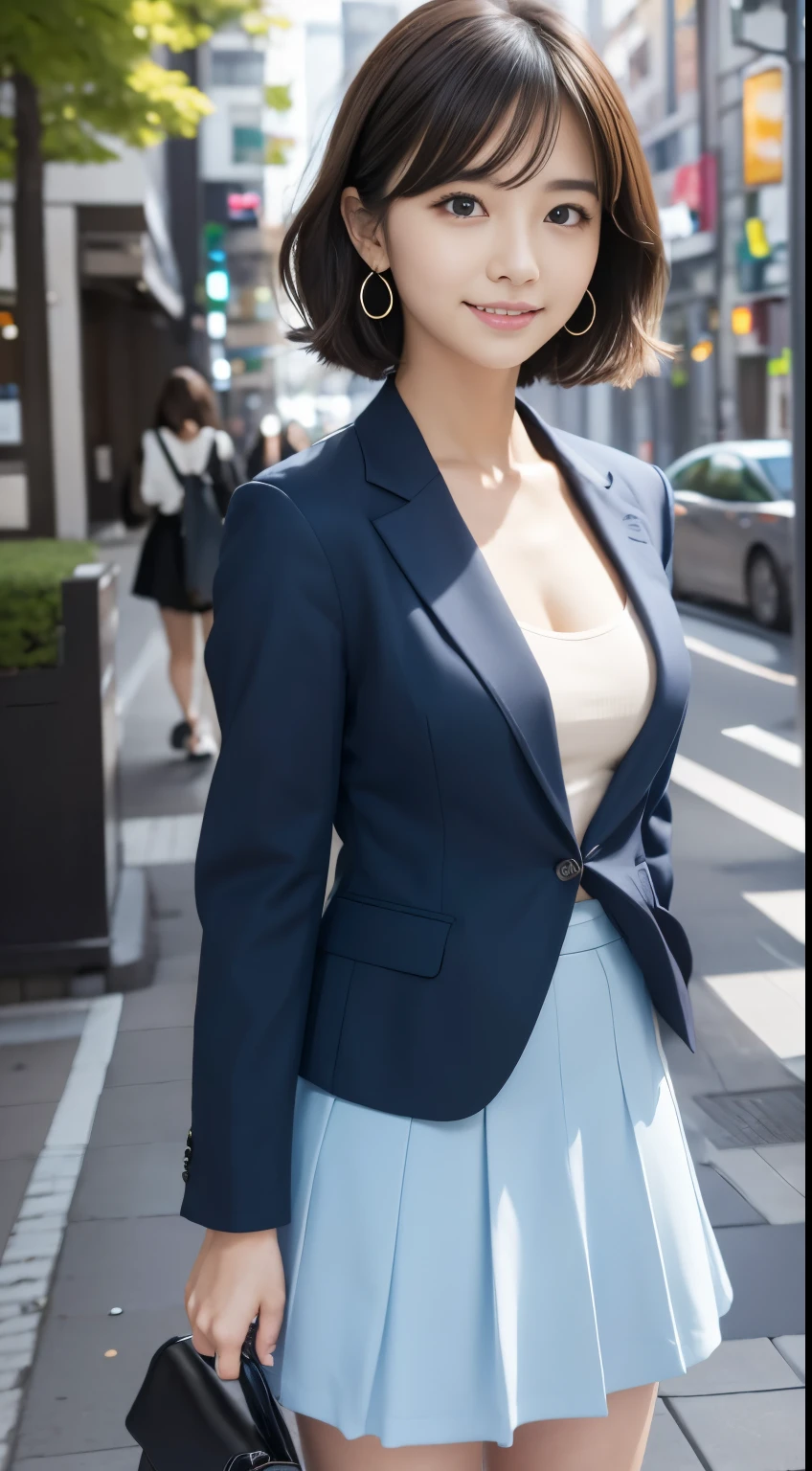 (Small underboob,Tomboyish,small heads)), (perfect bodies: 1.1), (shoulder length straight  black short hair:0.9),attractive collarbone，（极其细致的CG 8k壁纸），（Extremely refined and beautiful），（masterpiece），（best qualtiy：1.0），（超高分辨率：1.0）,[A high resolution]，cheerfulness，smile，Smooth and flawless fair skin，ultra - detailed ，Elongated legs，（Small breasts:1.1),Flat chest,underboob,Slim，emaciated，(navy blue suit:1.5),(light blue collared shirt:1.3),(light blue pantyhose:1.3),Cleavage,autumn, in residential areas,high-rise residential buildings,in garden,on path,(running:1.5),(Hair flying:1.3),midday sunlight,(open mouth:1.2) ,(female orgasmic:1.3), (blush:1.3),(sweat:1.6),upper body,(close shot:1.3),(cowboy shot:1.3),(Passport photo:1.5),