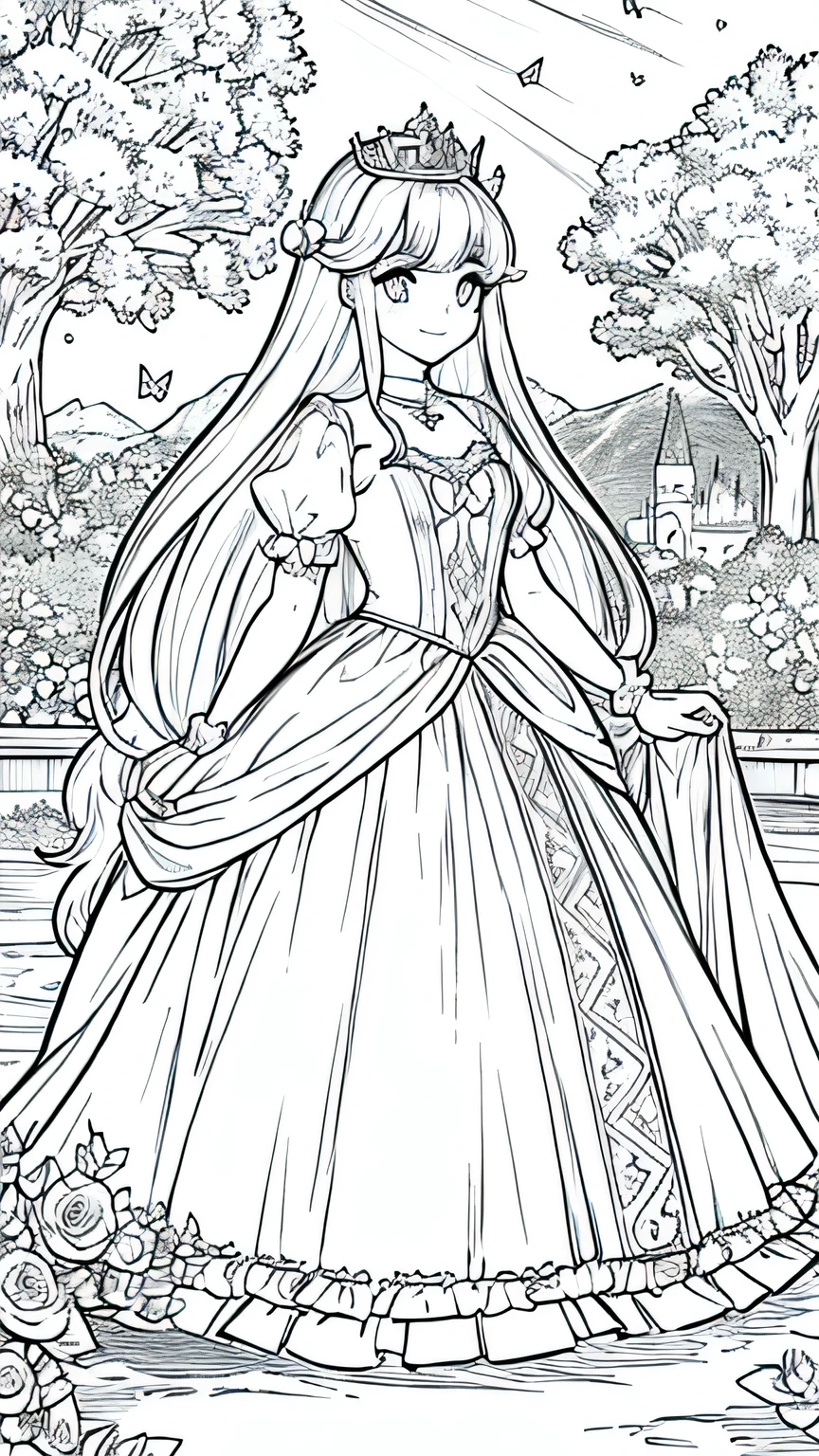 Create a black-and-white coloring page for children featuring a beautiful princess in a magical kingdom. The image should include the princess wearing a lovely gown and a crown, standing in front of her castle with a background of trees, flowers, and a shining sun. The princess should be smiling and surrounded by friendly animals like birds, butterflies, and a unicorn. The scene should be whimsical and enchanting, with clear outlines suitable for coloring.