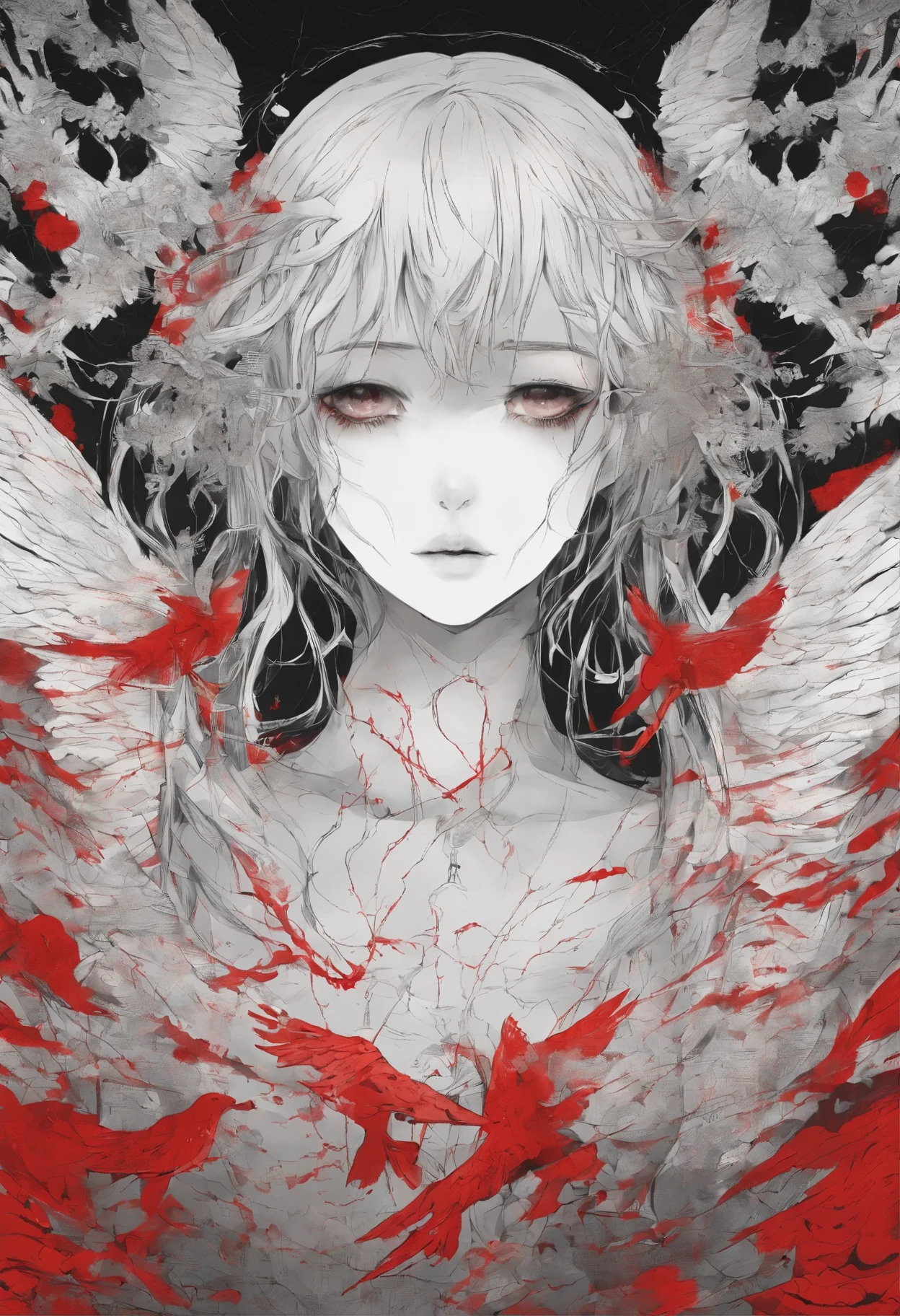 male people,Red Fall,A dark-haired,The eyes are cold,Full of killing intent,Holding a blood-stained scythe,The background is a broken city
