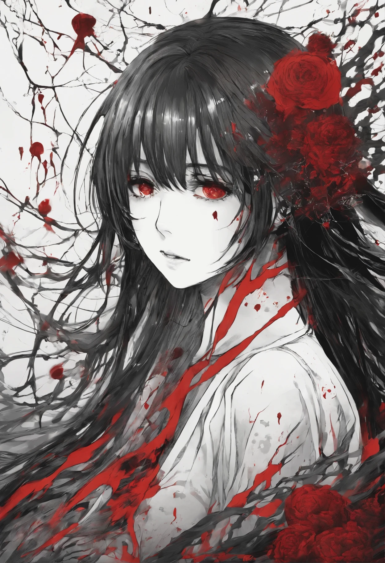Realistic face extreme close up detailed distorted looking lady with elongated untamed black hair , having a detailed creepy eyes with scary expression holding her face with her wornout dirty hand having dripping blood and a worn out tattered dress in the a twisted background eerie background of a abandoned wooden room with eerie detailed surroundings
