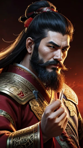 Oriental、Men in ancient Chinese costumes、ancient chinese hairstyle men、Three Kingdomultiple warlords、highest quality、masterpiece、Ultra-high resolution、(Realistic:1.4)、Game Poster、Crisp and beautiful image quality、Red clothes、Long beard、I put a cylindrical box on my head、