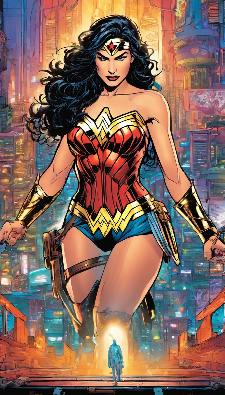 A highly detailed, photorealistic portrait of Wonder Woman in a futuristic, cyberpunk setting, wearing a high-tech bodysuit, surrounded by advanced technology and neon-lit cityscape, cinematic lighting, vibrant colors, intricate details, masterpiece