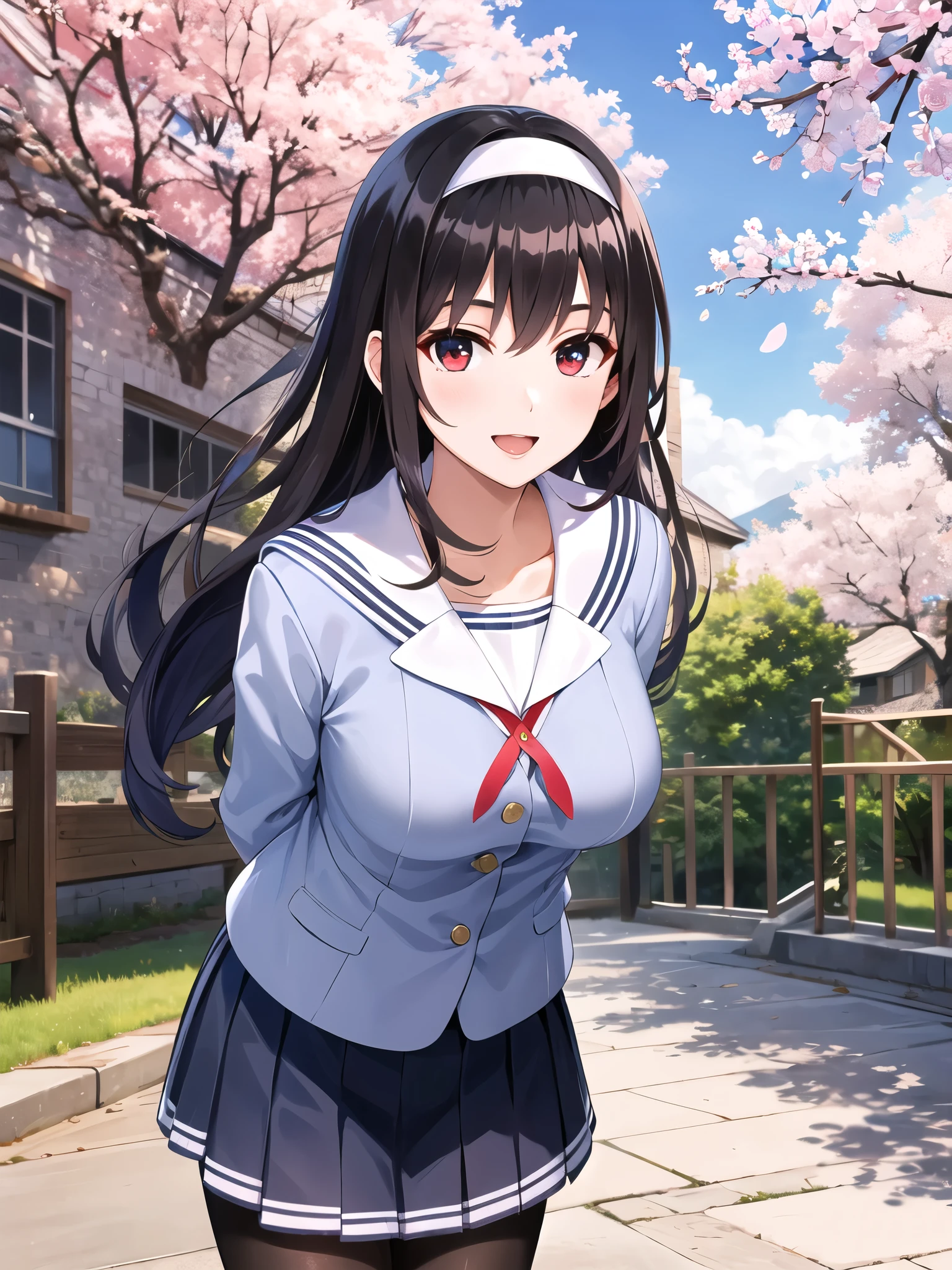 masterpiece, highest quality, High resolution, morning, Long Hair, Black Hair, hair band, , Sailor collar, Blue blazer, Long sleeve, Pleated skirt, Blue Skirt, Black Pantyhose, Put your arms behind your back, cherry blossoms, Outdoor, Are standing, Cowboy Shot, smile, Open your mouth, Leaning forward,