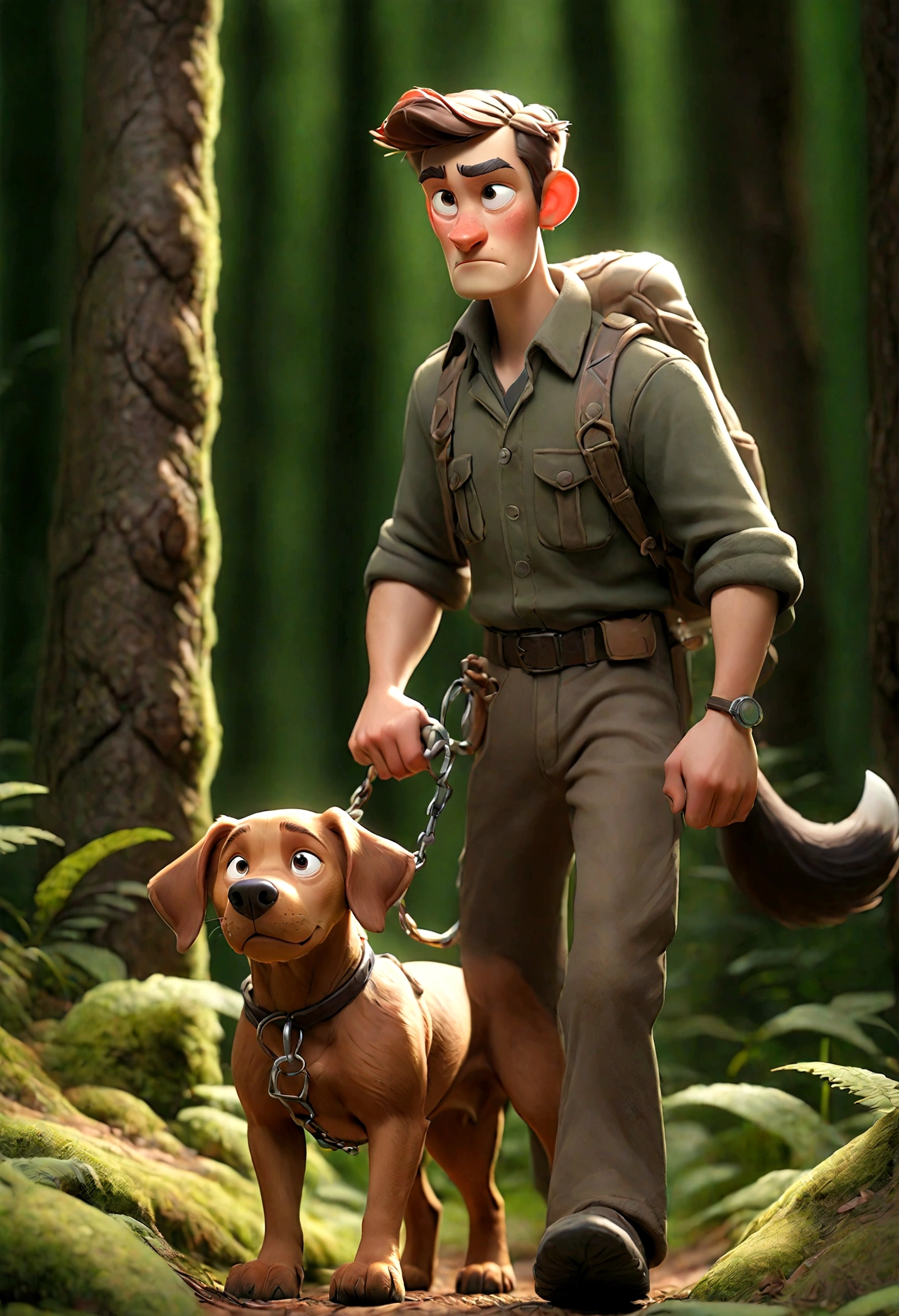 the mand walking in the forest with a dog