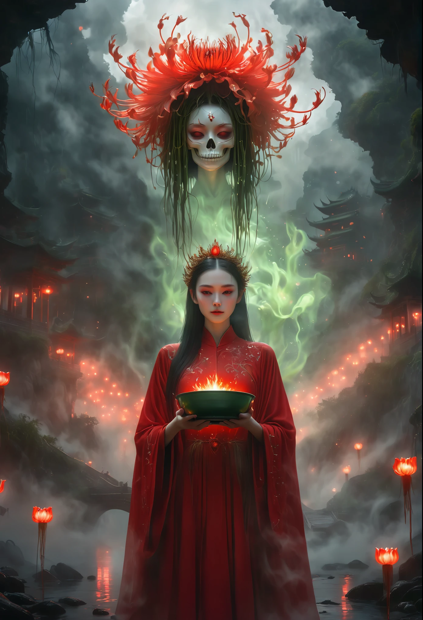 a girl holding a bowl in a fiery landscape, ghostly spirits, red spider lilies,Beautiful face，Gorgeous crown， hyperrealistic, 8k, extremely detailed, surreal, cinematic lighting, volumetric lighting, dramatic, atmospheric，bridge，Everything Grows，Skeleton，Green soup，Glowing Bana-Long Stem，robe，Thick fog