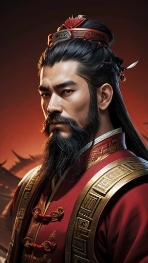 Oriental、Men in ancient Chinese costumes、ancient chinese hairstyle men、Three Kingdoms、Multiple warlords、highest quality、masterpiece、Ultra-high resolution、(Realistic:1.4)、Game Poster、Crisp and beautiful image quality、Red clothes、Long beard、I put a cylindrical box on my head、