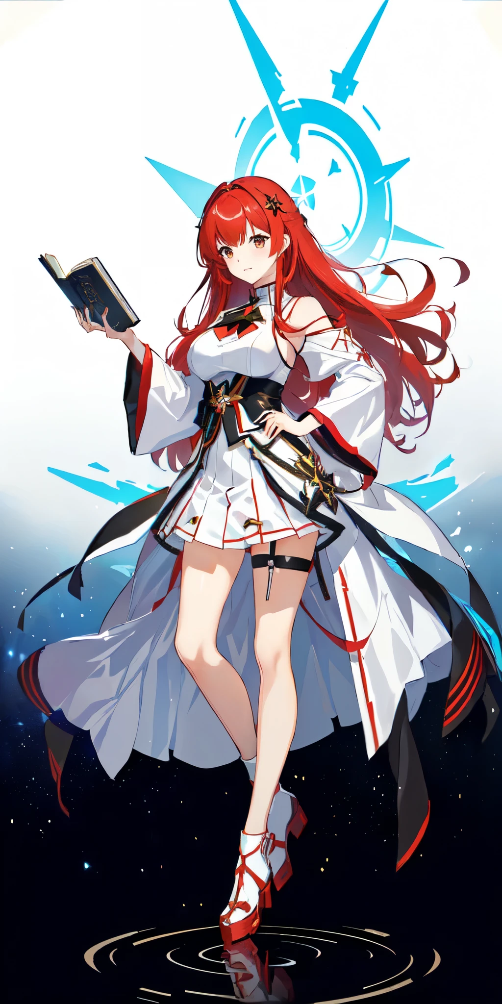Anime girl with red hair and a white dress holding a book, Full-body portrait of an elementalist, From Girls Frontline, marin kitagawa fanart, ayaka genshin impact, Kschaert Krentz Key Art Feminine, Kantai Collection Style, From Arknights, Azur Lane Style, From the Azur Lane video game, Official character art, Anime full body illustration