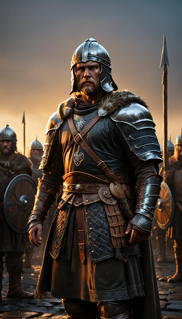 As the sun began to set, The warm golden hues of the sun illuminated his ornate attire, casting a warm glow across the area, Ground-level shot, Arafed man in armor standing in front of a line of soldiers, VIQUINGUES, Cultura Viking, guerreiro Viking, Guerreiro Viking antigo, an epic viking battle scene, viking and templar aesthetics, estilo Viking, norse warrior, armadura Viking, epic viking king, traje Viking, wearing norse armor, armadura Viking detalhada, Viking, Rei Viking, usando roupas VIQUINGUES, scary warrior face, [ cinemactic, background dark, hyper realistic, ultra detailed hyper realistic, photorealistic, Studio Lighting, reflections, dynamic pose, Cinematic, Color Grading, Photography, Shot on 50mm lens, Ultra-Wide Angle, Depth of Field, hyper-detailed, beautifully color, 8k, golden light from the front,