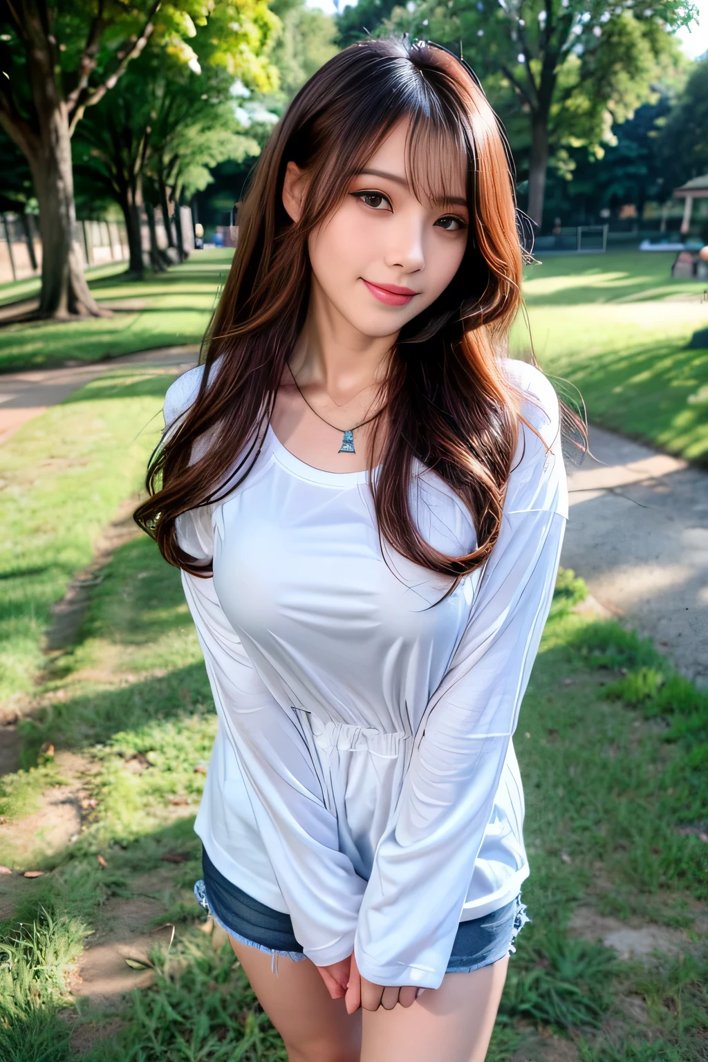 ((Full Body Angle))、((Front hair:1.2))、((highest quality, 8K, masterpiece: 1.3)), concentrated: 1.2, Cute girl 1,Nipples erect、 Perfect beauty: 1.4,Cut and sewn T-shirt Raglan sleeve summer short sleeve T-shirt.Shorts: 1.2,Long sleeve、Randall Color、comics&Text Graphics、Black ruffle-trimmed drawstring zip blouse,1.1, Highly detailed face and skin textures, Fine grain, double eyelid, whitening skin, ,highest quality,Ultra-high resolution,you,1 girl,alone,_Shiny_skin,Iris,necklace,((Brown_length_Wavy_hair)),(lips)),eyelash,Front hair,deal with,compensate,Shiny,pore,skin,Large Breasts、smiling face、Walking in the park、walk、