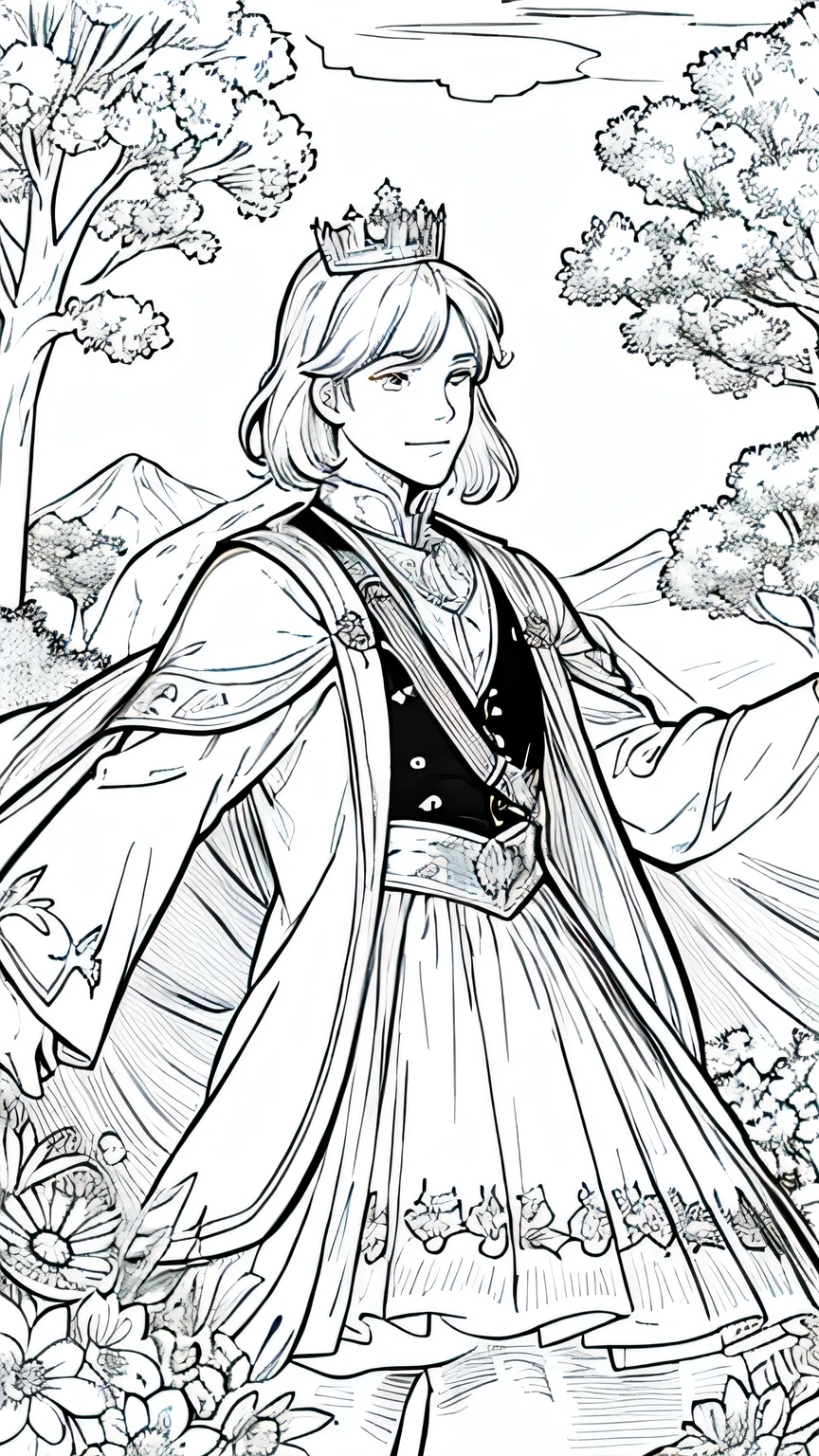 Create a black-and-white coloring page for children featuring a brave prince in a magical kingdom. The image should include the prince wearing a royal outfit and a crown, standing in front of his castle with a background of trees, flowers, and a shining sun. The prince should be smiling and surrounded by friendly animals like birds, butterflies, and a loyal horse. The scene should be whimsical and enchanting, with clear outlines suitable for coloring.