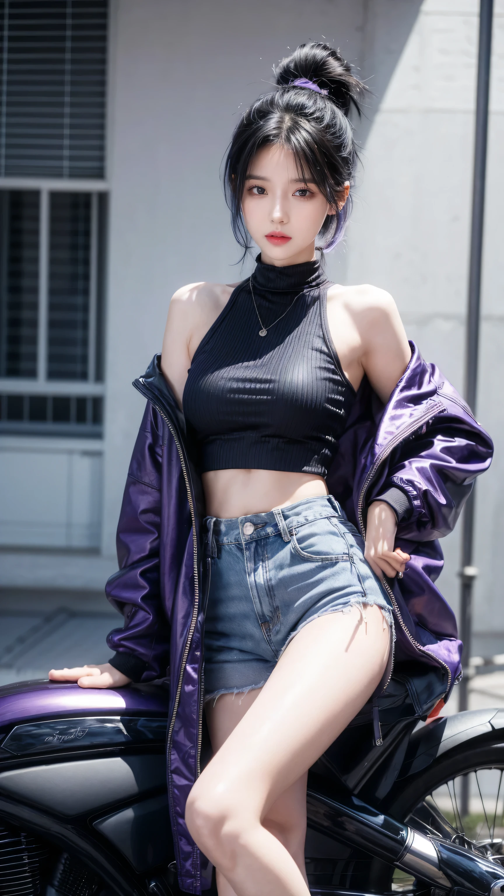 best quality, 1 Girl, dark blue hair, black eyes, Very short hair, Spiky hair, purple Crop Top Drape, purple jacket, high waist short,Wearing long black boots、171 cm, Messy hair, Hair between the eyes, Medium breasts, full, Tomboy, aldult, 20 years old, 1 Girl near purple motorcycle