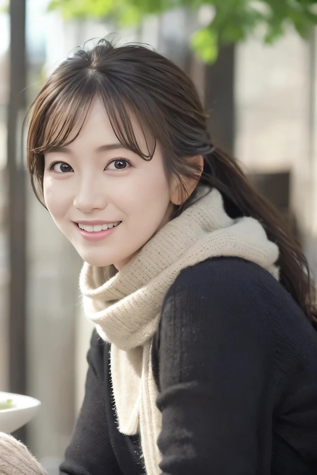 1woman, mature ,solo,slender,((sweater and scarf)), ((soft smiling)), (best quality,8k,highres,masterpiece:1.3), (crystal clear white skin),ultra-detailed, (realistic,photorealistic,photo-realistic:1.37), portrait, cinematic, warm lighting, medium format, golden hour, dramatic shadows, vibrant colors,((hair up)),(( waving long hair in Wind)),((sitting at table of Opencafé)),