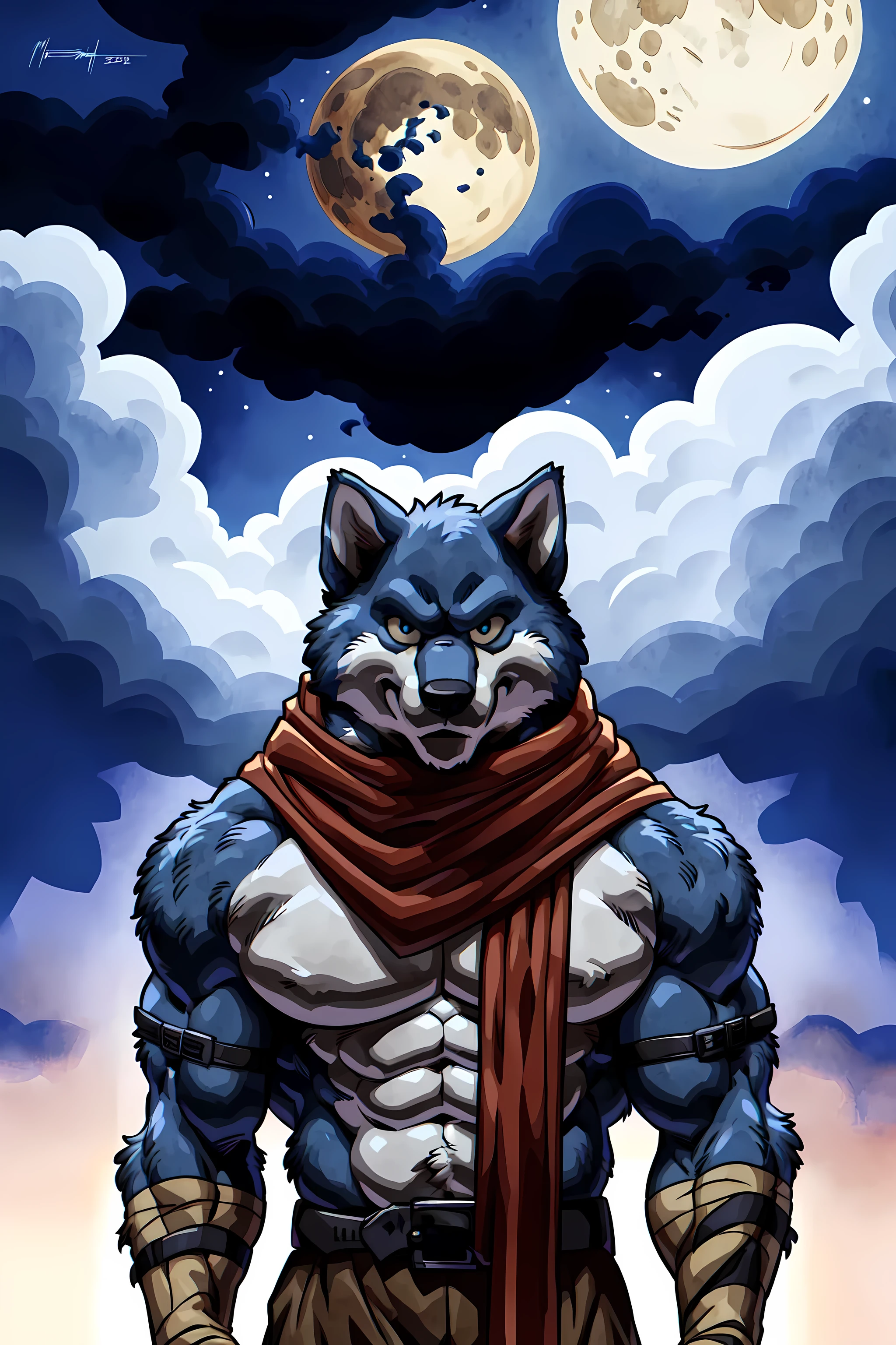 bergamo_db, 4k, high resolution, best quality, detailed, posted on e621, solo, anthro body, male, very masculine, (very muscular, strong pectorals, defined muscles, sixpack):1.0, (night background, dark background, big moon, full moon, fog, clouds:1.1), correct anatomy, detailed eyes:1.0, detailed face, (cel shaded, cartoony shading, strong shadows, dramatic lighting, rim lighting, backlight):1.4, confident, (by wfa, by meesh, by Taran Fiddler), strong, (half body, upper body:1.1), mwvector, belt, pants, strong posture, long red scarf