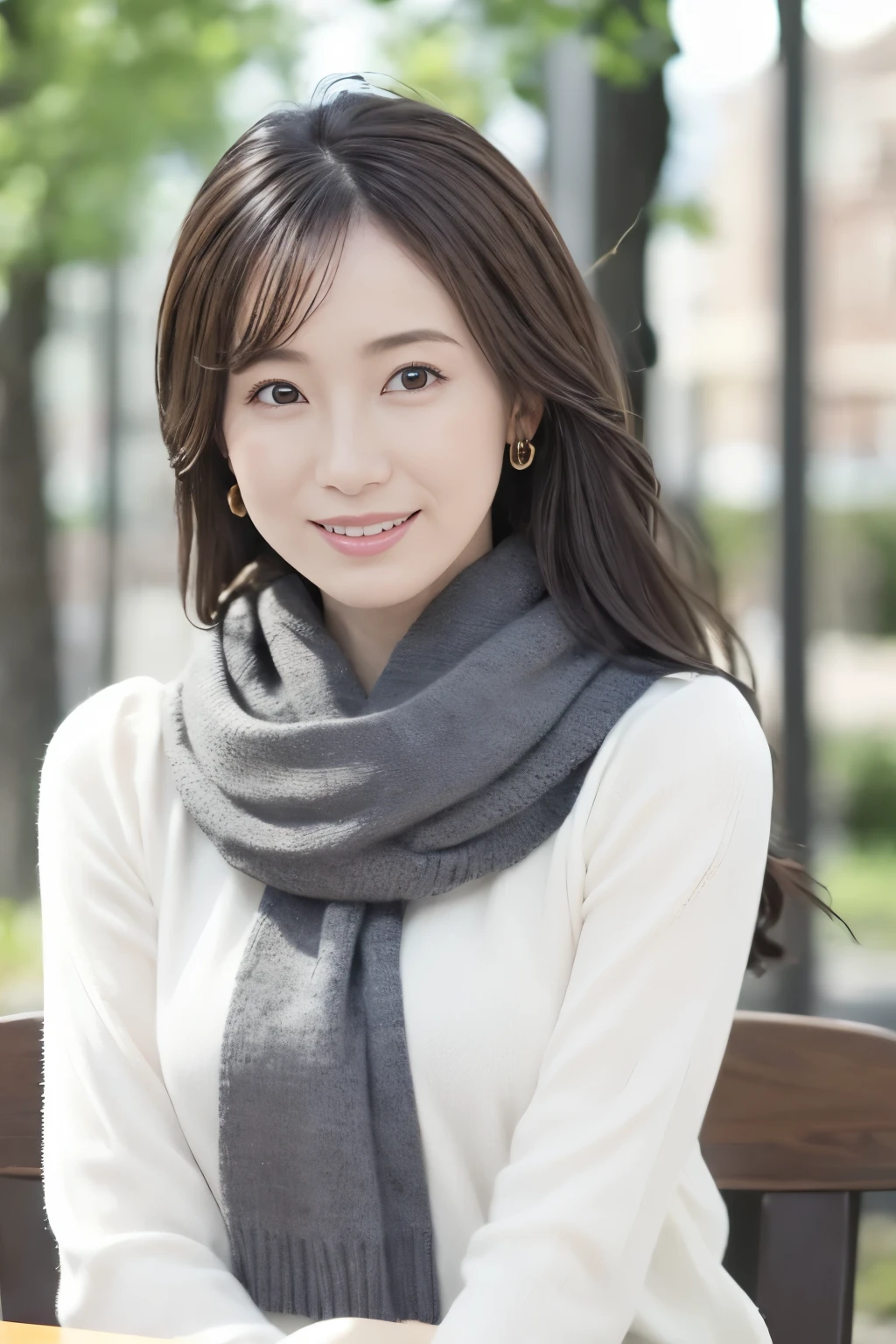 1woman, mature ,solo,slender,((sweater and scarf)), ((soft smiling)), (best quality,8k,highres,masterpiece:1.3), (crystal clear white skin),ultra-detailed, (realistic,photorealistic,photo-realistic:1.37), portrait, cinematic, warm lighting, medium format, golden hour, dramatic shadows, vibrant colors,((hair up)),(( waving long hair in Wind)),((sitting at table of Opencafé)),