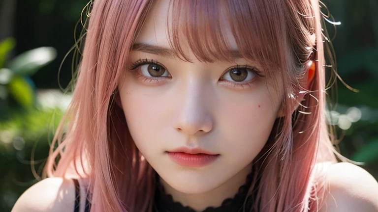 (Long Hair, bangs, Pink Hair:1.2),(Put on a choker, Wear a black blouse:1.2),1 girl,Japanese,21 years old,(Small breasts:1.3),(highest quality,masterpiece:1.3,超A high resolution,),(Ultra-detailed,Caustics),(Photorealistic:1.4,RAW shooting,)Ultra-Realistic Capture,Very detailed,High resolution 16K human skin close-up。 Natural skin texture、,Pores、、It needs to be detailed enough to be easily identifiable。 Skin should be even-toned and healthy looking。 Use natural light and colour, Sad expression, Looking at the camera, Perfect dynamic composition, Outdoor