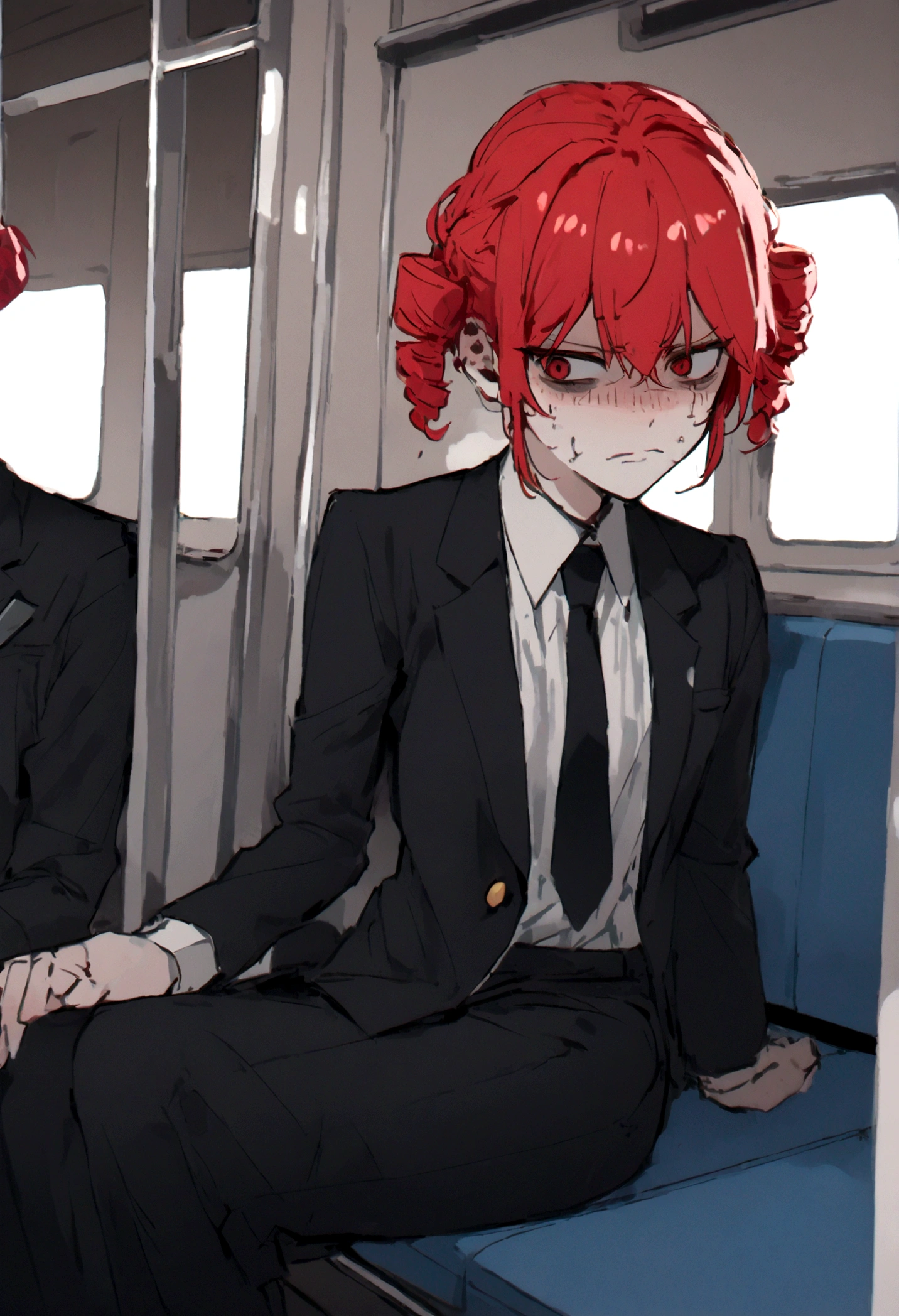 Red hair、Black Suit、Painful face、on the train、Sitting