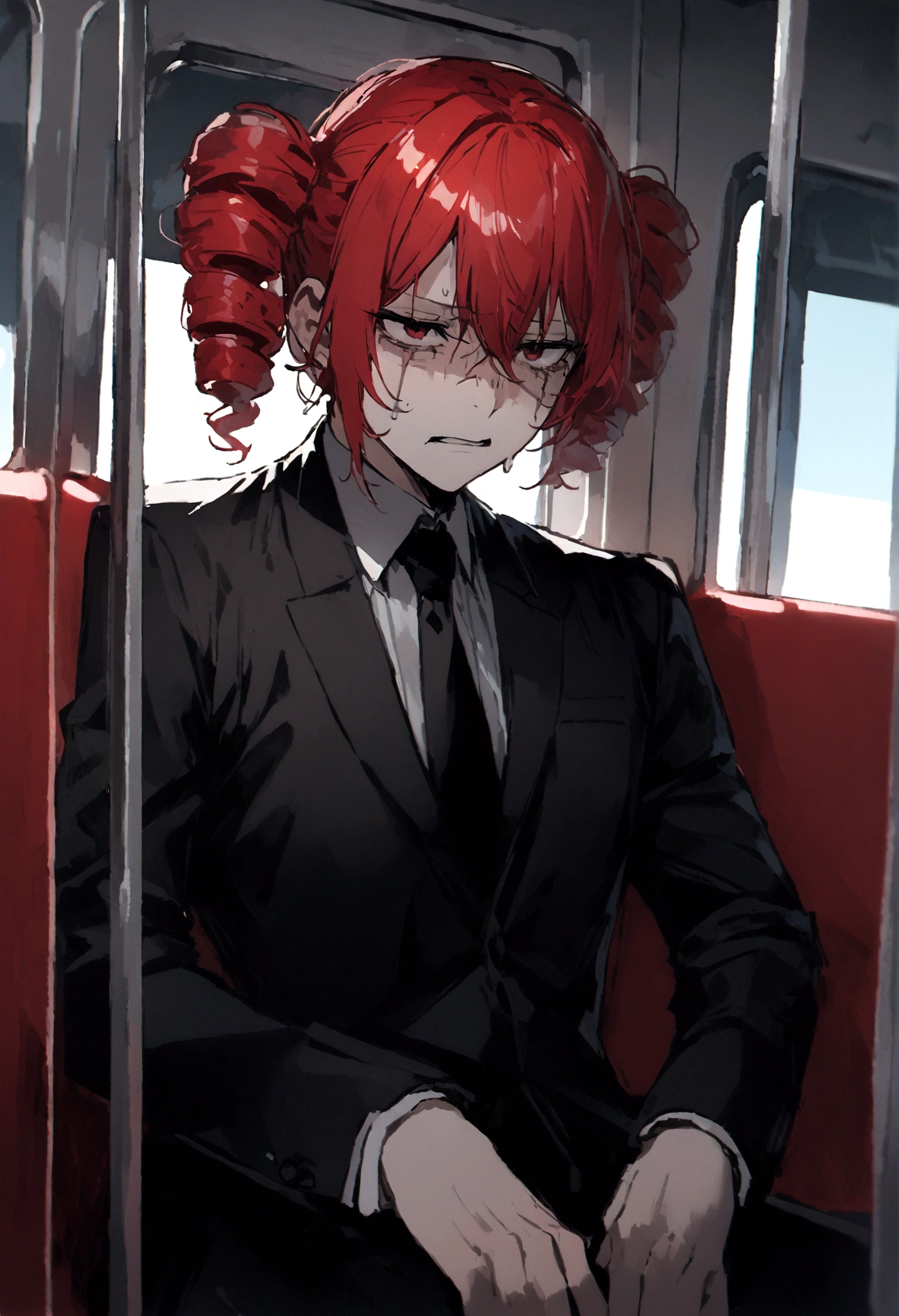 Red hair、Black Suit、Painful face、on the train、Sitting