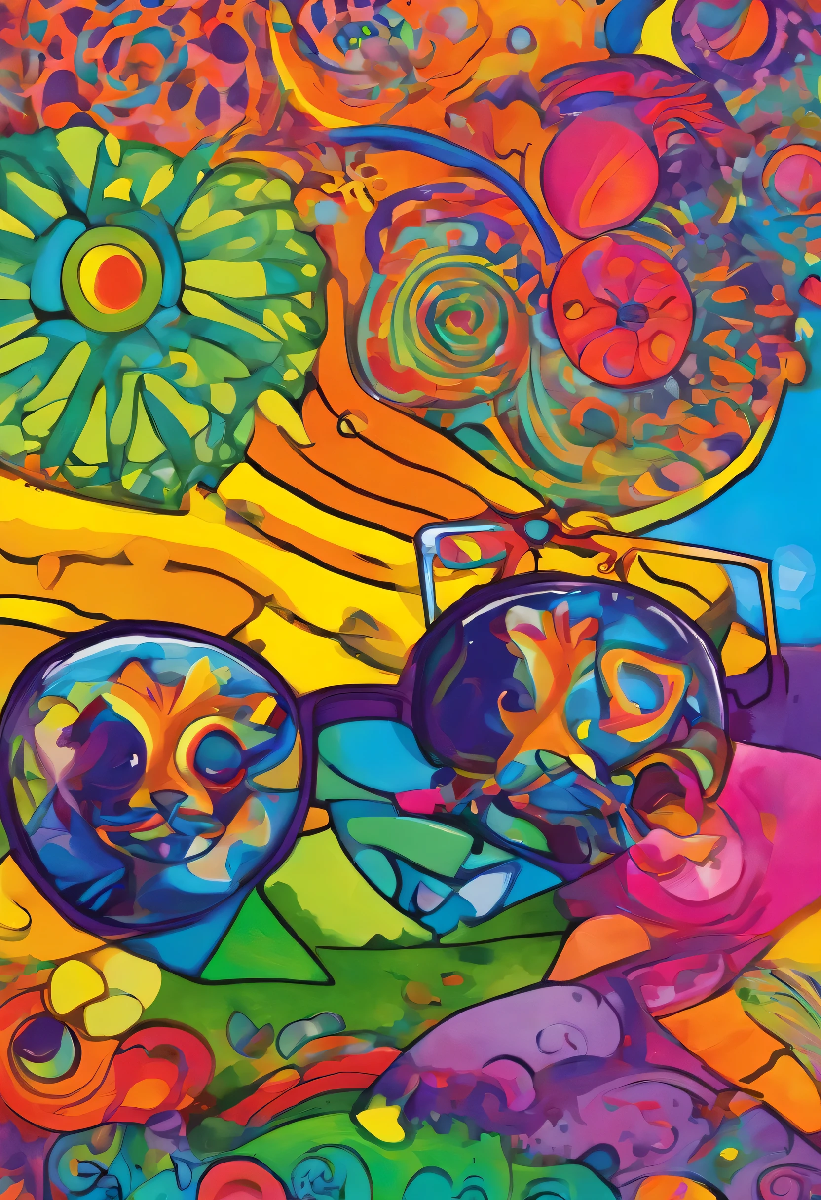 grafismo, diverse and playful geometric figures, Rainbow, romero britto, salvador dali, one dog, A domestic chicken animal in sunglasses and DJ headphones and with thought running through his fingers and the confusion of memory ((fundo branco e preto)), face da galinha de angola, as asas enormes da galinha, o bico, o microfone, o fone de ouvido, The sunglasses, contrastes exacerbados, olhos penetrantes, colorida e alegre, Dull and sad, Art Watercolor Painting Oil Paint, abstrato, epic instagram, art-station, toque de estilo splash de tinta colorida+, contorno, hiperdetalhado intricadamente detalhado, genial, detalhes intrincados, tela inicial, cores complementares, conceito realista abstrato romero britto de arte, 8K, obra-prima do deviantart, oil-painting, pinceladas pesadas, pingos de tinta, artes de salpicos.