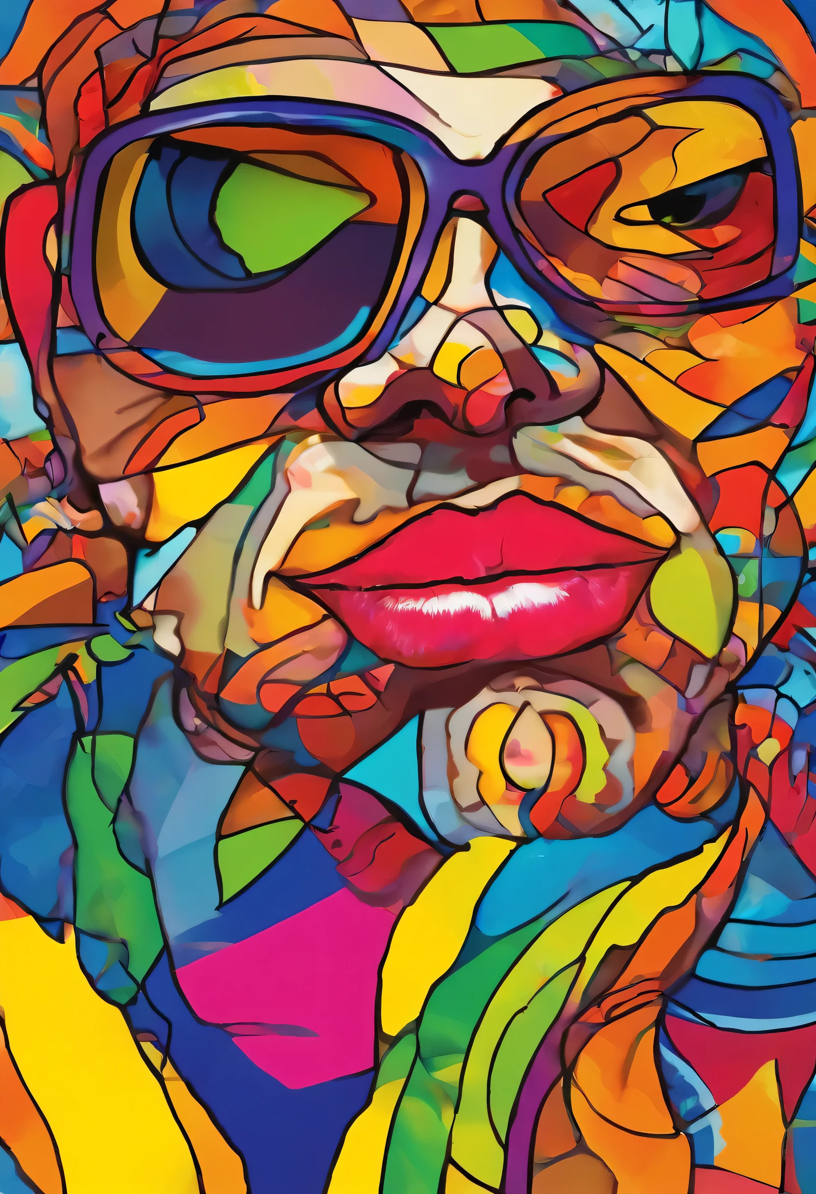 grafismo, diverse and playful geometric figures, Rainbow, romero britto, salvador dali, one dog, A domestic chicken animal in sunglasses and DJ headphones and with thought running through his fingers and the confusion of memory ((fundo branco e preto)), face da galinha de angola, as asas enormes da galinha, o bico, o microfone, o fone de ouvido, The sunglasses, contrastes exacerbados, olhos penetrantes, colorida e alegre, Dull and sad, Art Watercolor Painting Oil Paint, abstrato, epic instagram, art-station, toque de estilo splash de tinta colorida+, contorno, hiperdetalhado intricadamente detalhado, genial, detalhes intrincados, tela inicial, cores complementares, conceito realista abstrato romero britto de arte, 8K, obra-prima do deviantart, oil-painting, pinceladas pesadas, pingos de tinta, artes de salpicos.