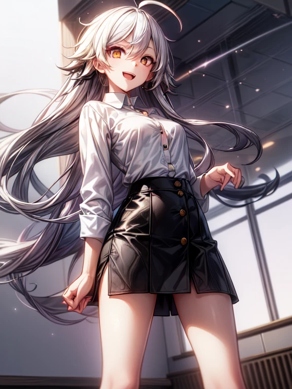 ((masterpiece, Best quality)), (1 Girl), (One), (female focus), (ahoge, White hair, Very long hair), golden eyes, A slight smile, open mouth, ((White shirt), (button up shirt), (break button)), ((black skirt), (Short skirt)), standing, White background, hands behind your back, dynamic angle,