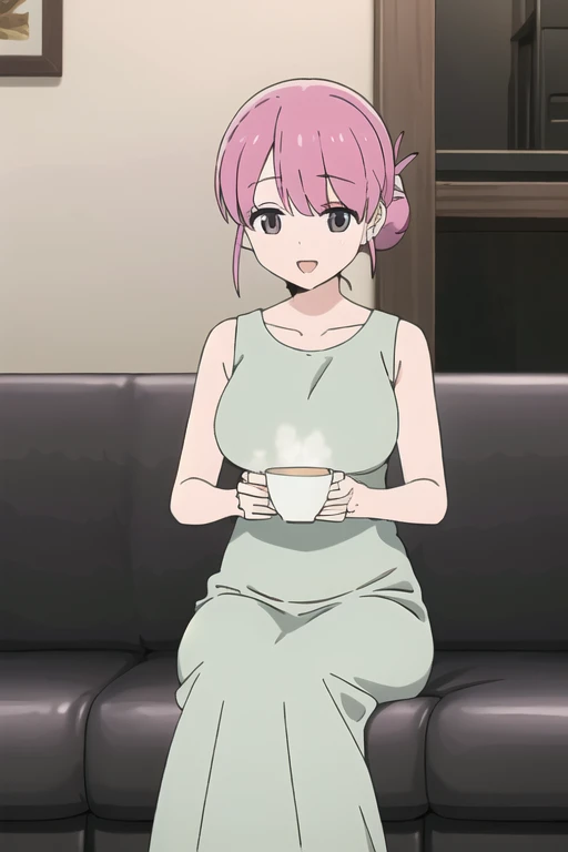 (Highly detailed CG Unity 8k wallpaper),(masterpiece),(highest quality),(Super detailed),(Best illustrations),(Best Shadow),(Absurd),   Michiyo, One girl, alone, Pink Hair, cup, Sitting, sofa, smile,, Open your mouth, Holding,Sleeveless tight maxi dress, Hair Bun, Holding cup, Bun Hair, indoor, Huge breasts